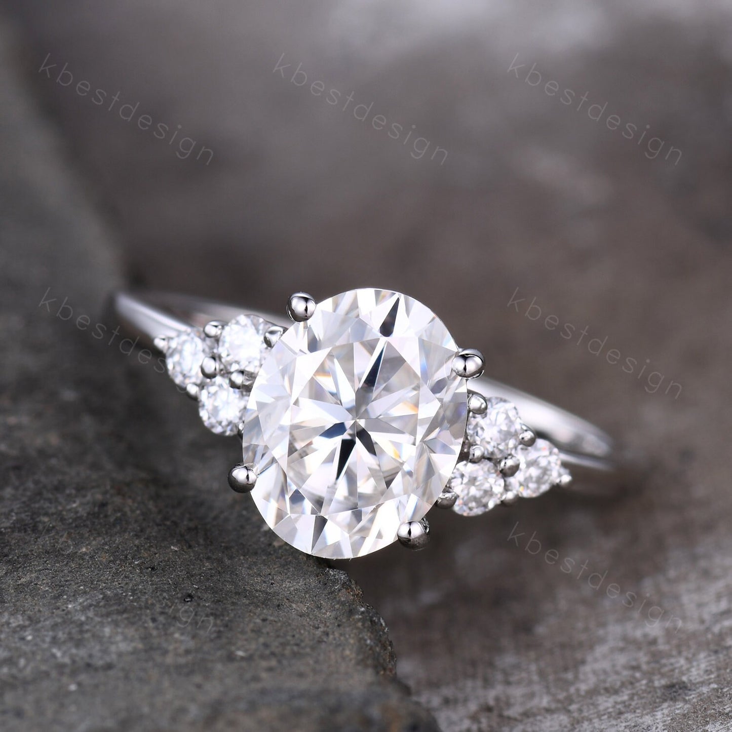 3.00cts Moissanite Oval Engagement Ring, Oval 10x8mm Moissanite Wedding Ring, Unique Cluster Bridal Ring, White Gold Moissanite Ring
