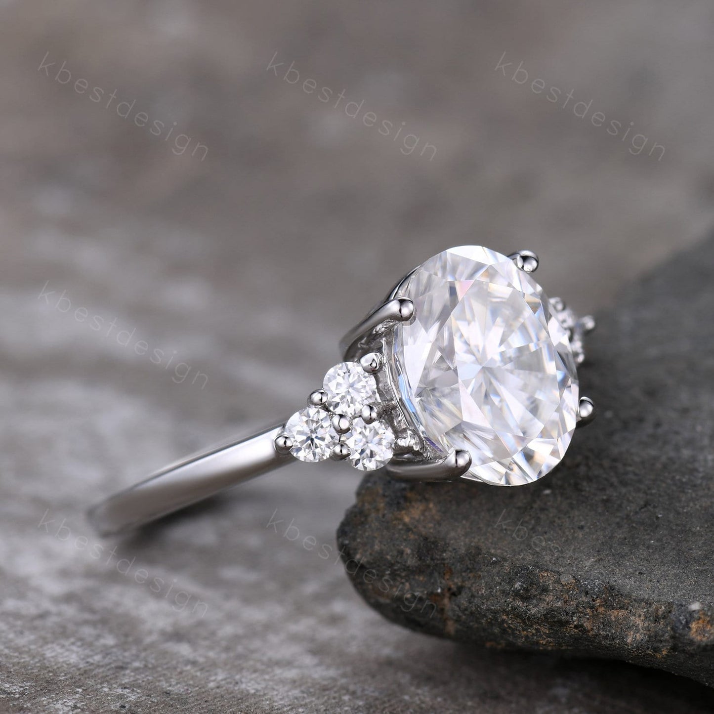 3.00cts Moissanite Oval Engagement Ring, Oval 10x8mm Moissanite Wedding Ring, Unique Cluster Bridal Ring, White Gold Moissanite Ring