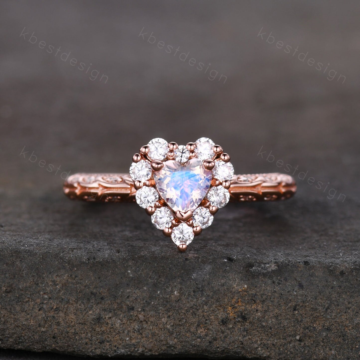 Antique Alexandrite Engagement Ring Rose Gold Heart Shaped Ring Unique Halo Moissanite Ring Art Deco Promise Ring June Birthstone Ring