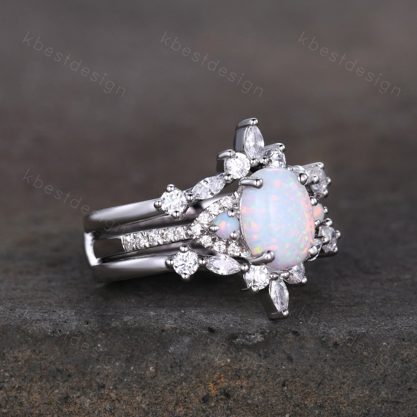 White Opal Engagement Ring Set, Sterling Silver Rings for Women, Art Deco Double Curved Stacking Band, Unique Bridal Wedding Band, Handmade
