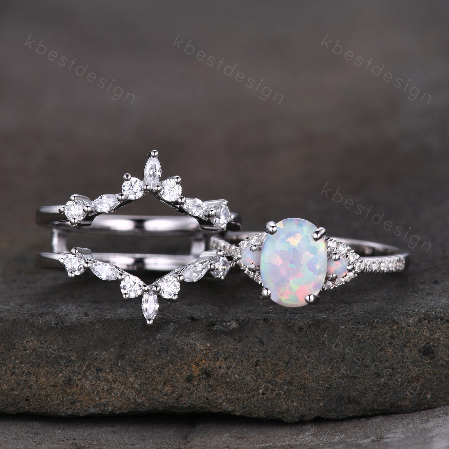 White Opal Engagement Ring Set, Sterling Silver Rings for Women, Art Deco Double Curved Stacking Band, Unique Bridal Wedding Band, Handmade