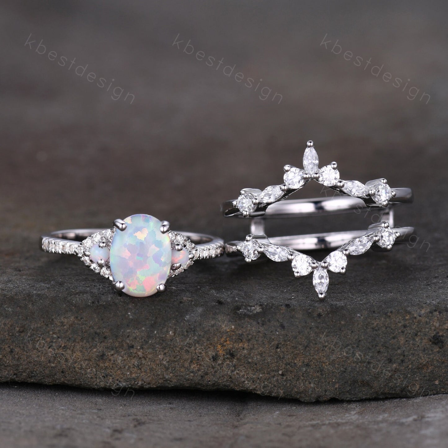 White Opal Engagement Ring Set, Sterling Silver Rings for Women, Art Deco Double Curved Stacking Band, Unique Bridal Wedding Band, Handmade