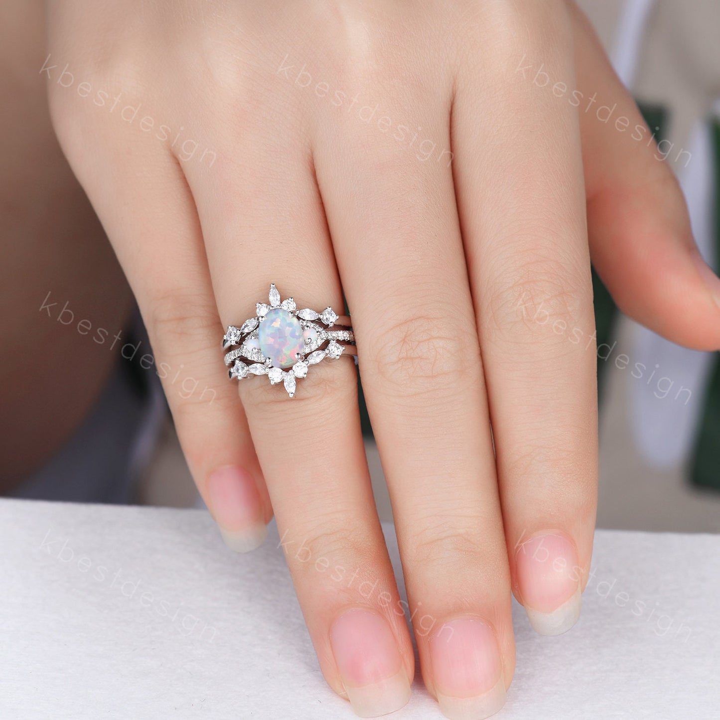 White Opal Engagement Ring Set, Sterling Silver Rings for Women, Art Deco Double Curved Stacking Band, Unique Bridal Wedding Band, Handmade