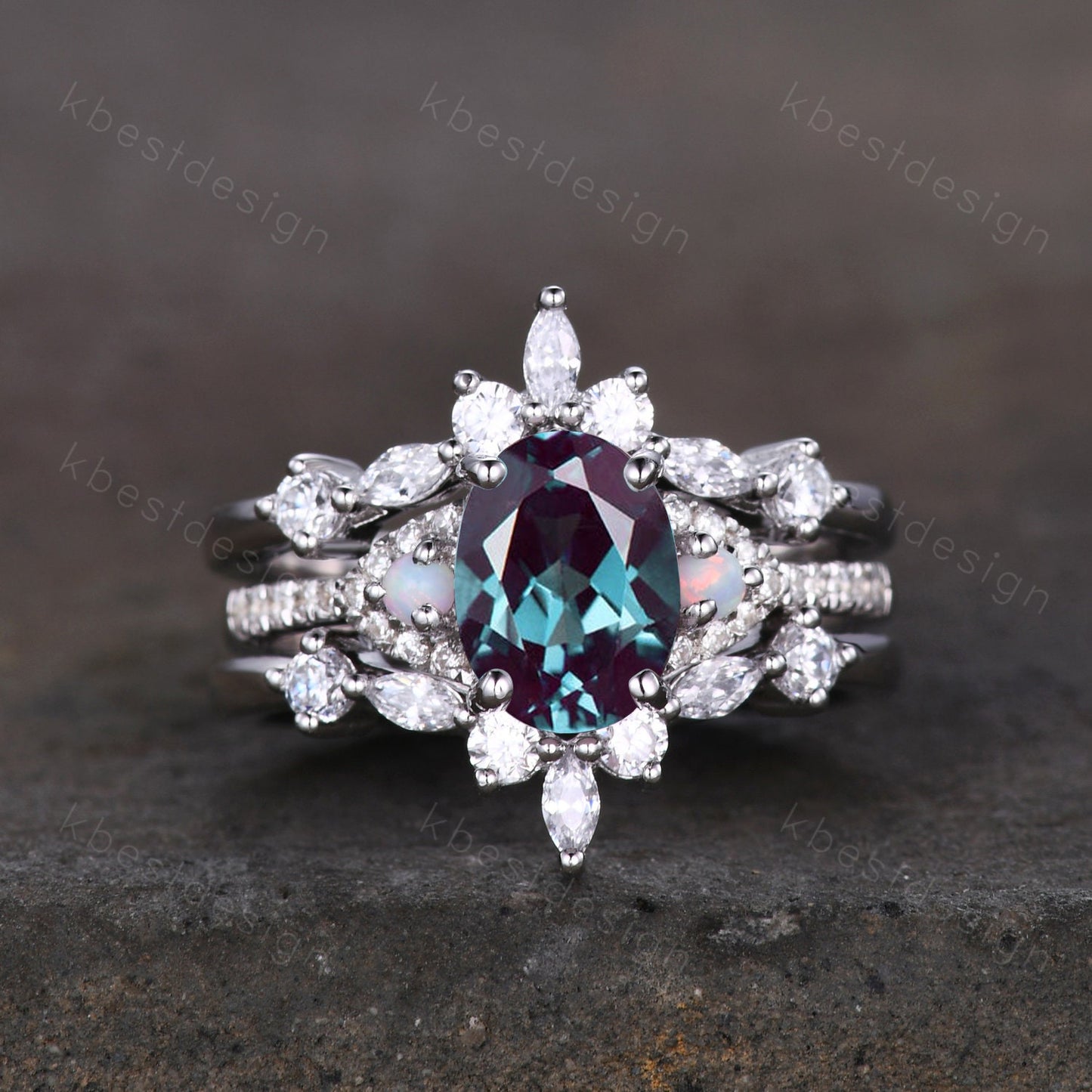 Vintage Moss Agate Engagement Ring Set Oval Engagement Ring Vintage Marquise cut Diamond Cluster ring Unique Bridal Set Promise Gift