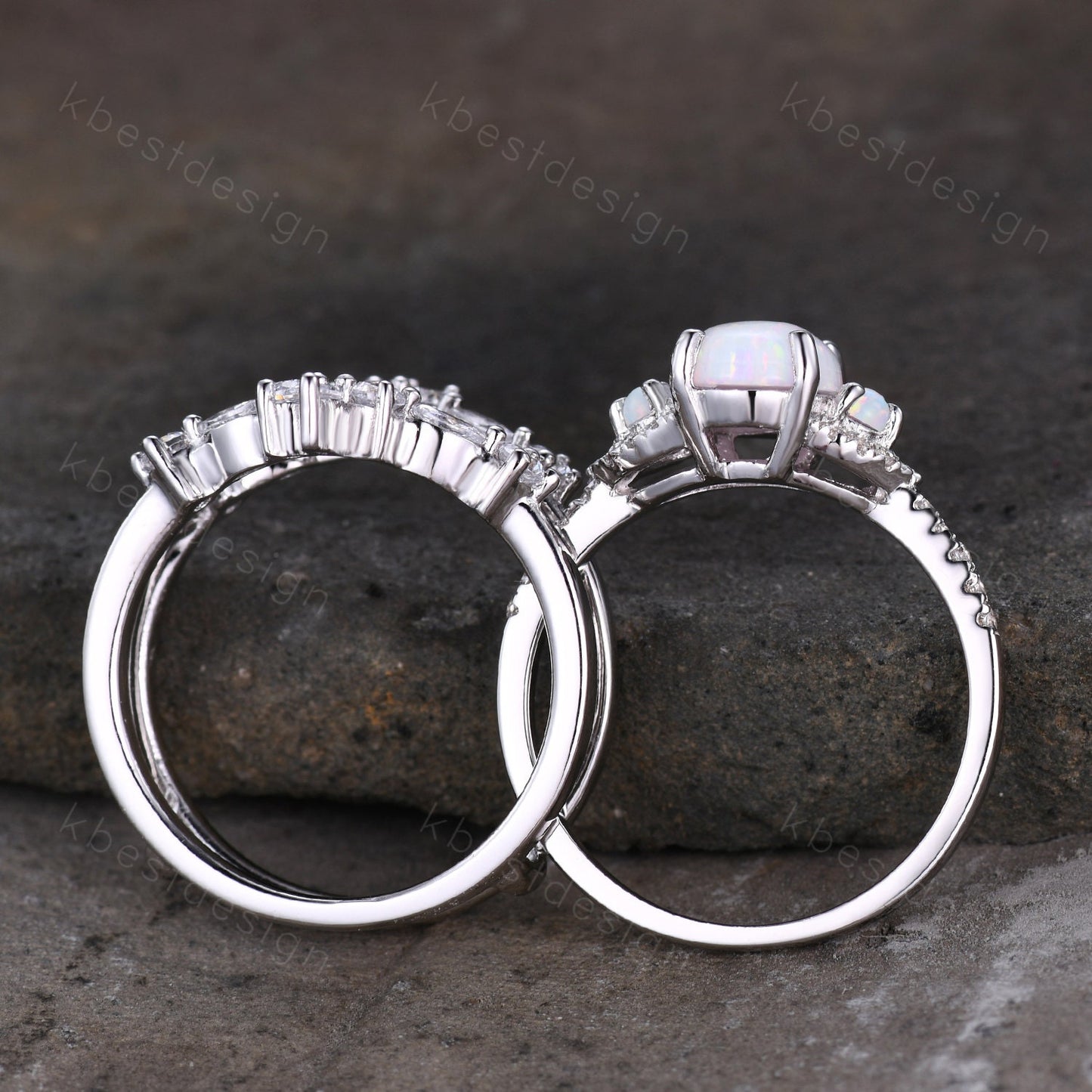 Vintage Moss Agate Engagement Ring Set Oval Engagement Ring Vintage Marquise cut Diamond Cluster ring Unique Bridal Set Promise Gift