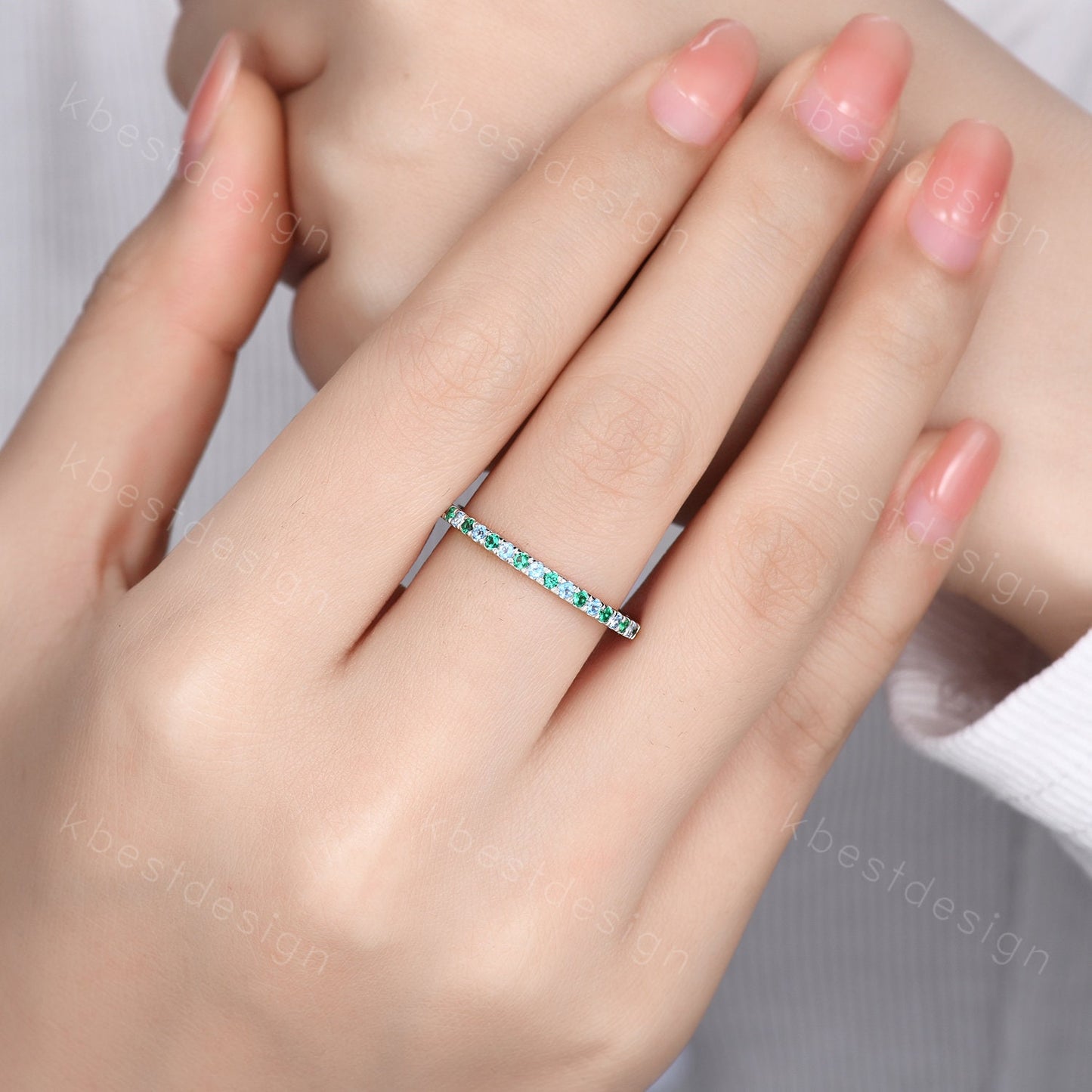 Half Eternity Emerald Blue Topaz Wedding Ring, 925 Sterling Silver Ring, Emerald Pave Wedding Band, Minimalist Ring, Anniversary Gift
