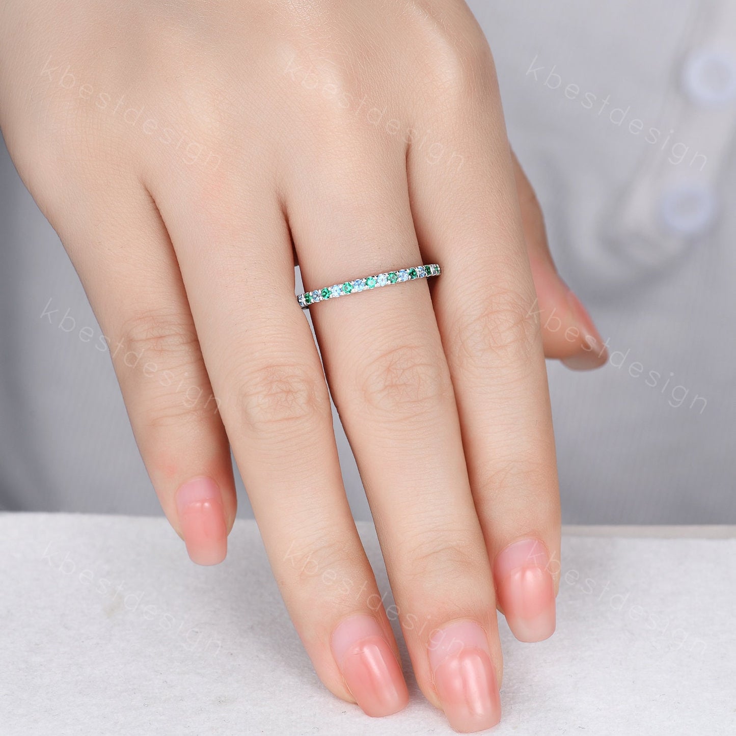 Half Eternity Emerald Blue Topaz Wedding Ring, 925 Sterling Silver Ring, Emerald Pave Wedding Band, Minimalist Ring, Anniversary Gift