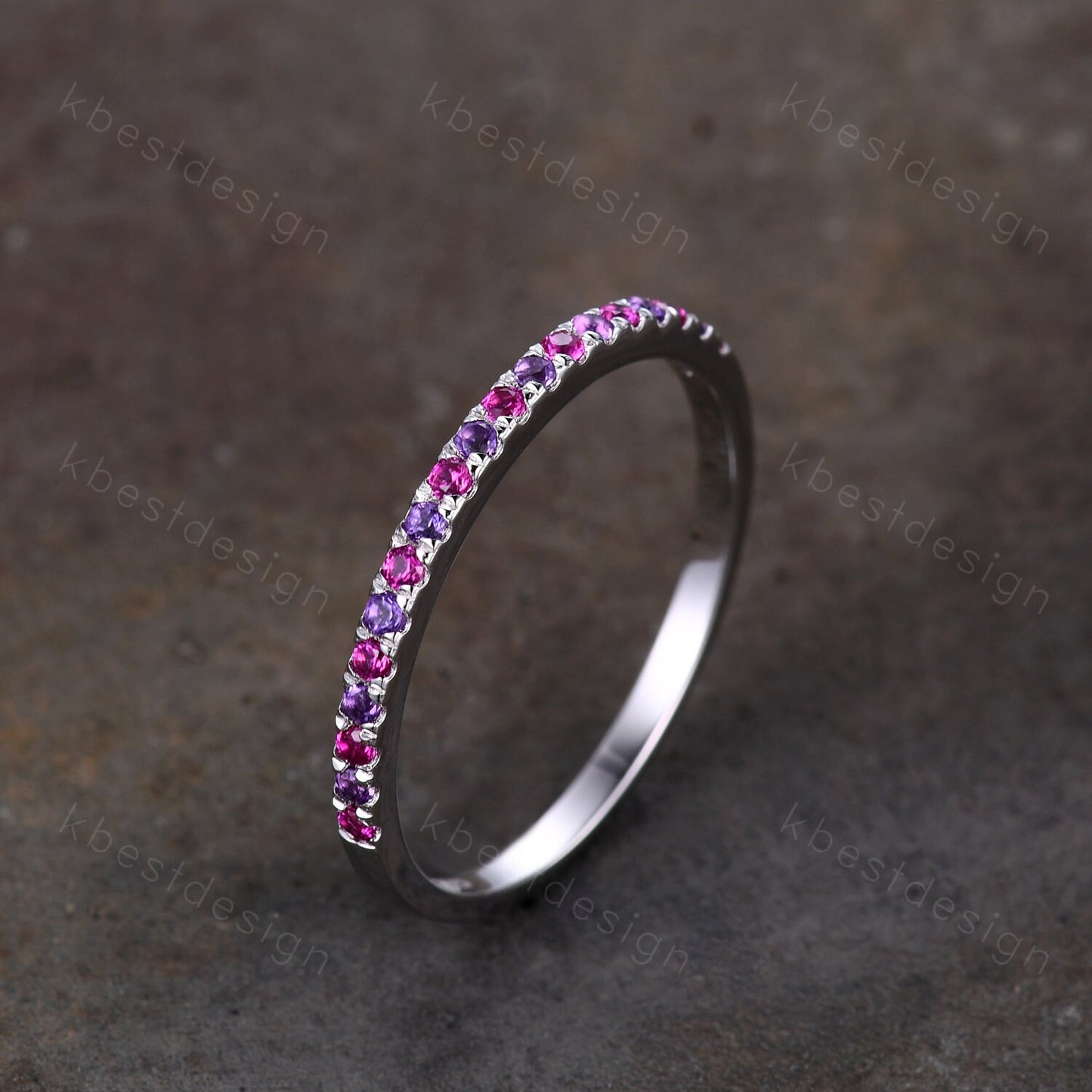 Half Eternity Wedding Band 1.5mm Ruby and Amethyst Wedding Band White Gold Ring July Birthstone Ring Pave Band Minimalist Stacking Band