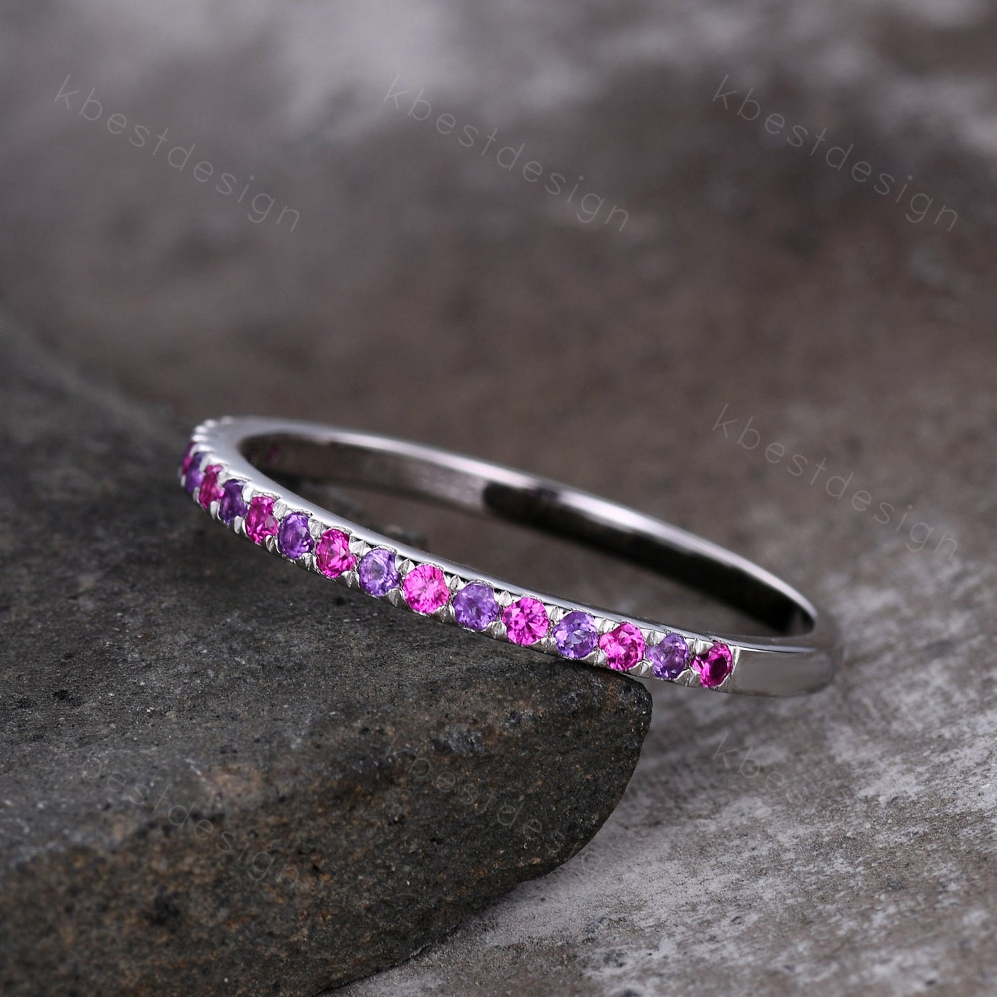 Half Eternity Wedding Band 1.5mm Ruby and Amethyst Wedding Band White Gold Ring July Birthstone Ring Pave Band Minimalist Stacking Band