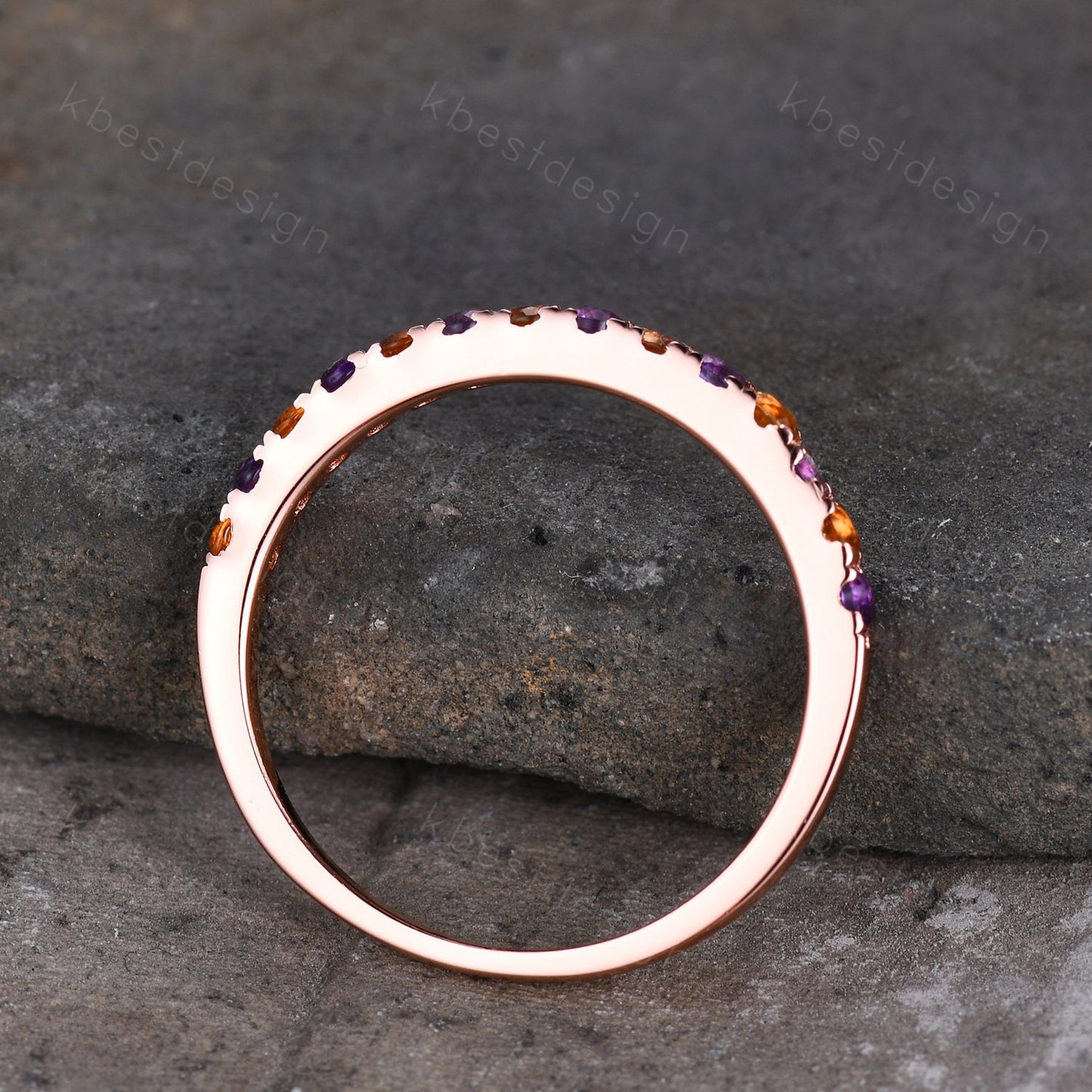 Half Eternity Amethyst Wedding Band 2mm Amethyst & Citrine Wedding Band Rose Gold Ring Dainty Stacking Band November Birthstone Ring