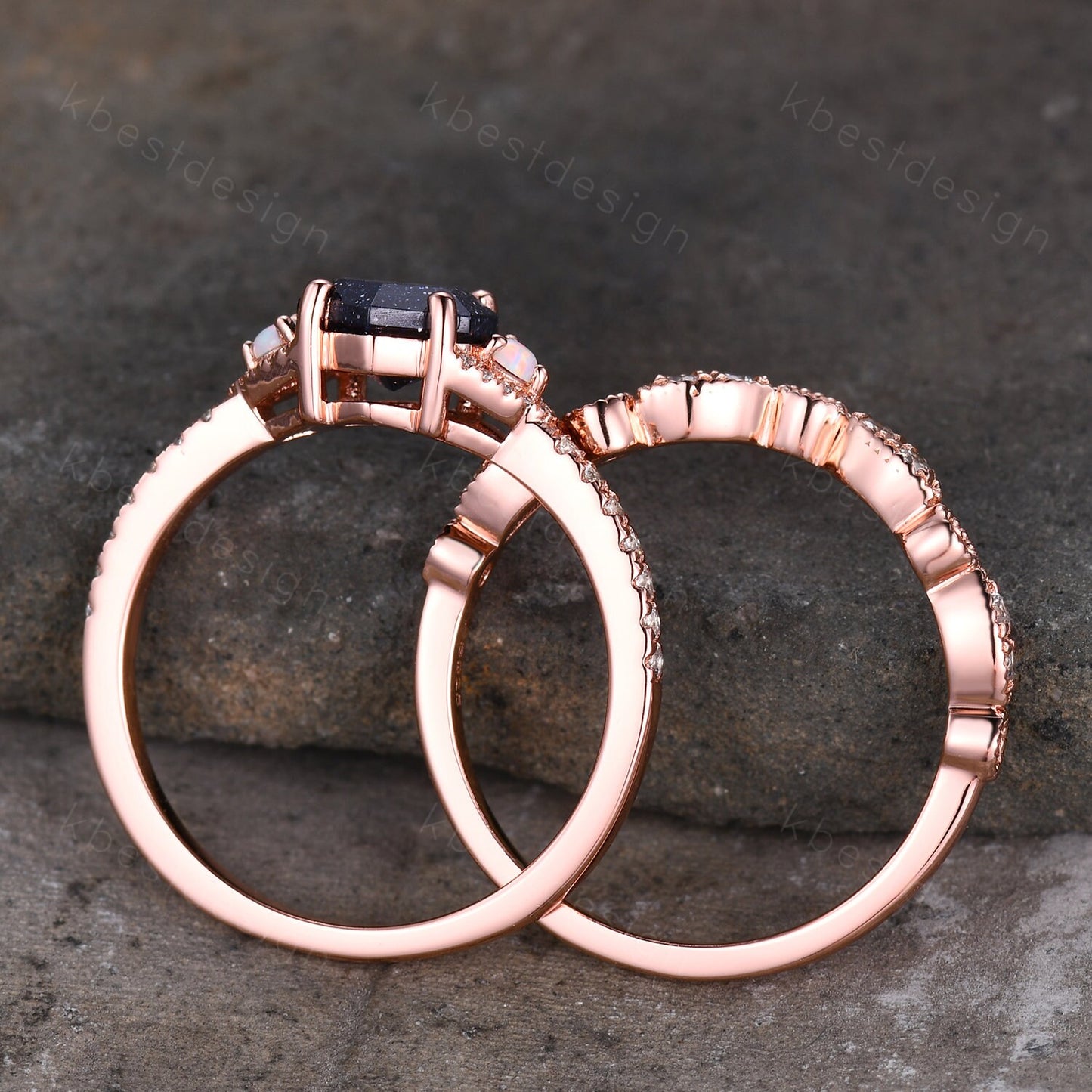 Vintage hexagon cut blue sandstone engagement ring set rose gold rings art deco curved wedding band opal ring Unique bridal set Promise ring