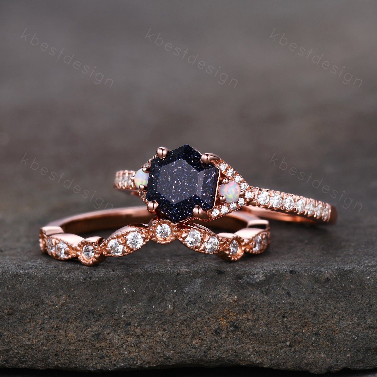 Vintage hexagon cut blue sandstone engagement ring set rose gold rings art deco curved wedding band opal ring Unique bridal set Promise ring