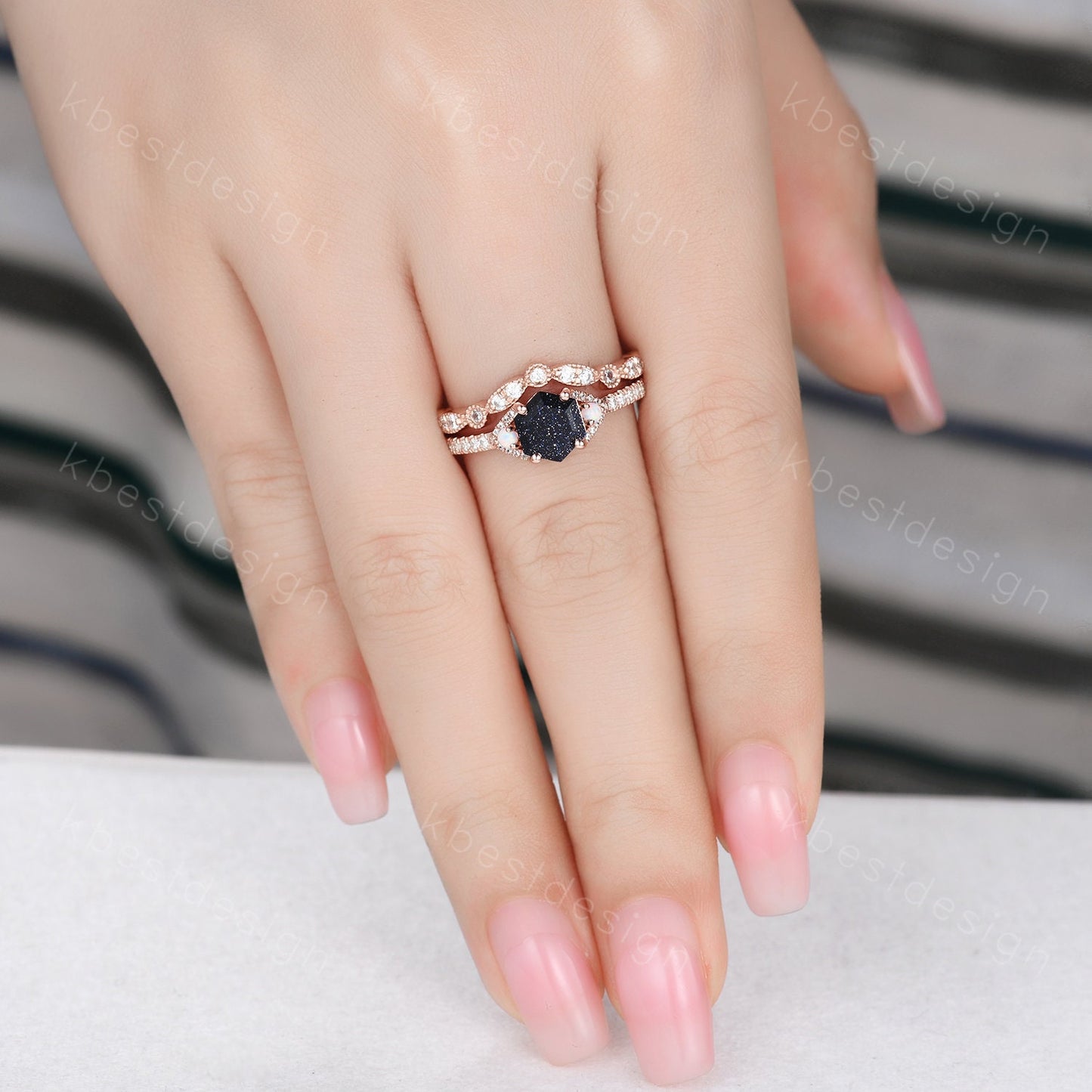 Vintage hexagon cut blue sandstone engagement ring set rose gold rings art deco curved wedding band opal ring Unique bridal set Promise ring