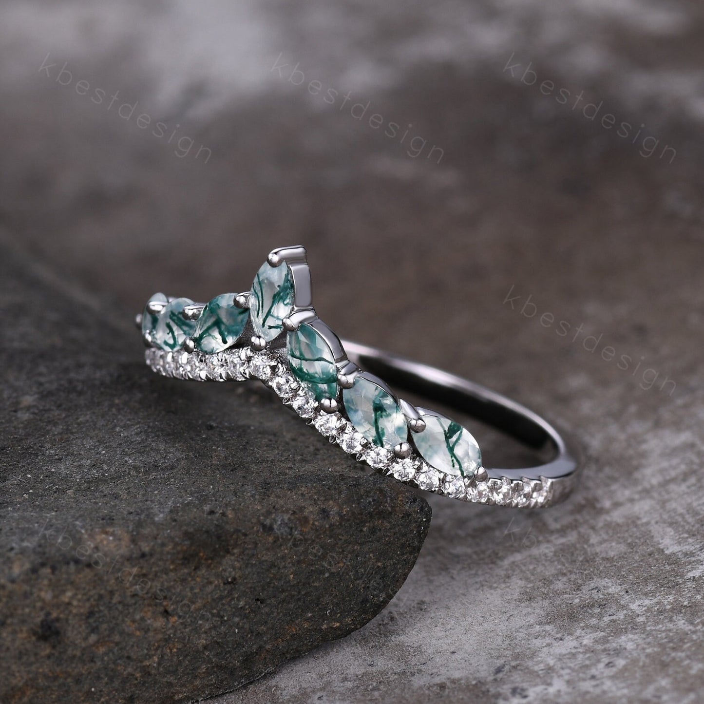 Marquise cut moss agate wedding ring band unique curved moissanite wedding band women vintage stacking matching band anniversary ring