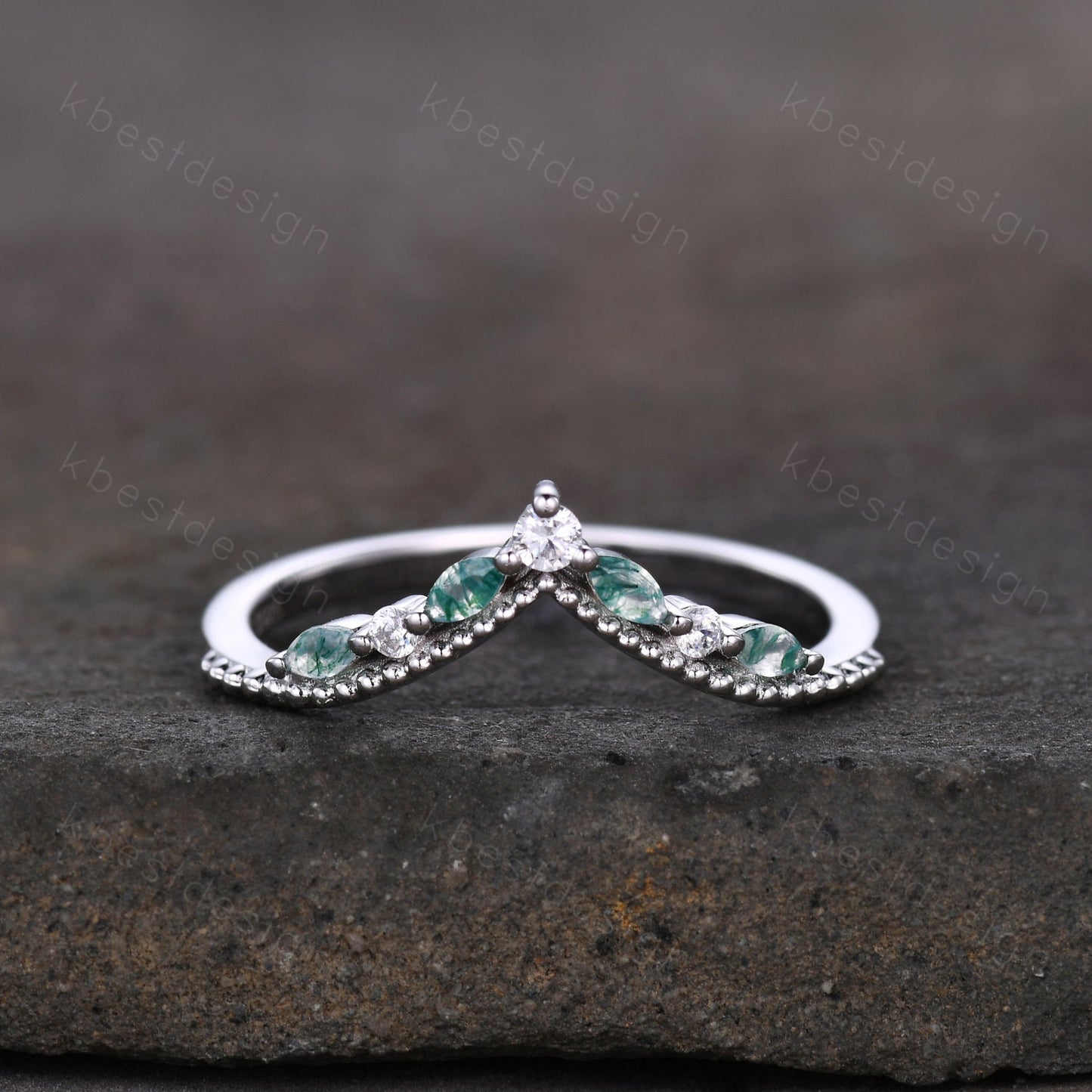 Curved Moss Agate wedding band sterling silver wedding band Unique art deco moissanite stacking band Anniversary ring Women gift