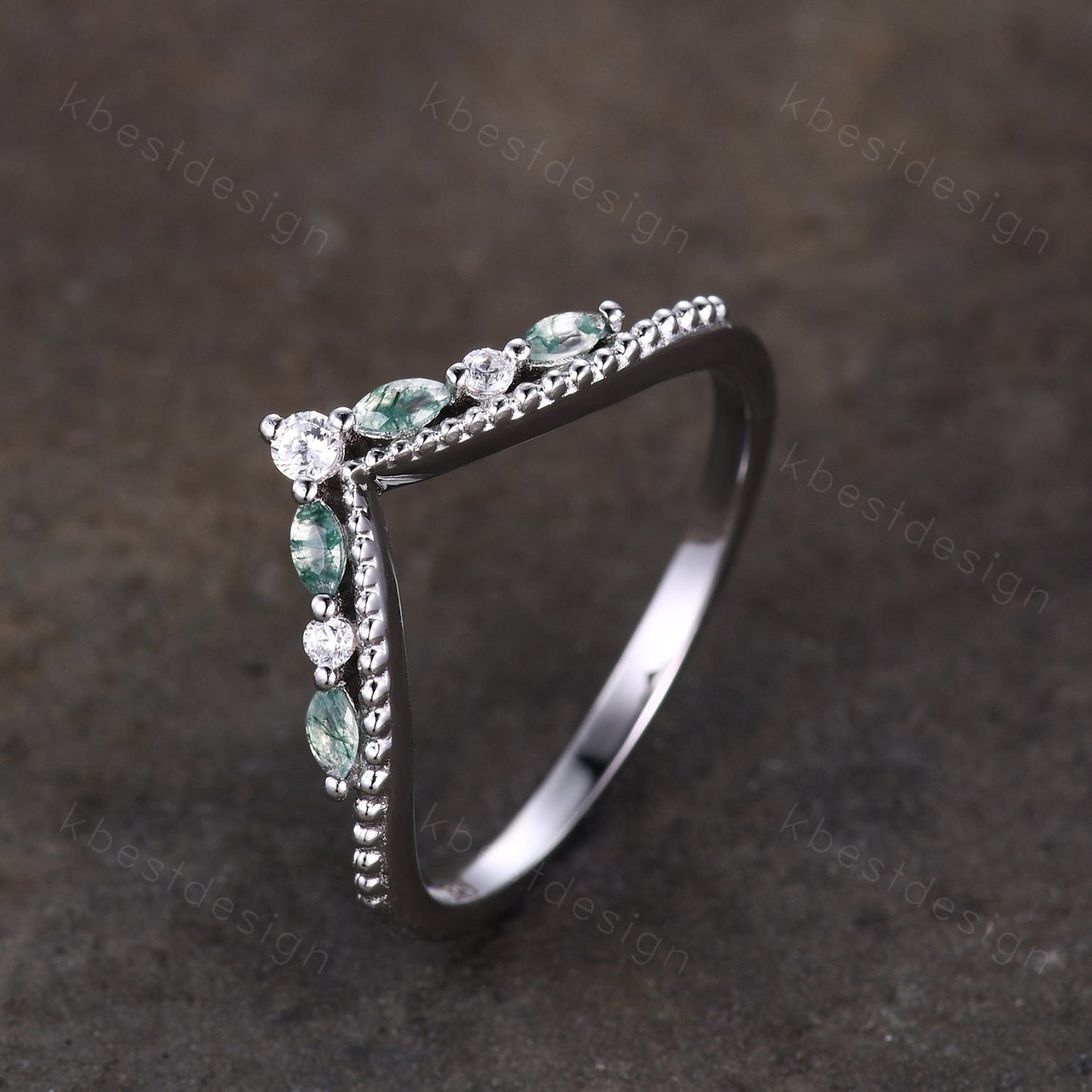Curved Moss Agate wedding band sterling silver wedding band Unique art deco moissanite stacking band Anniversary ring Women gift