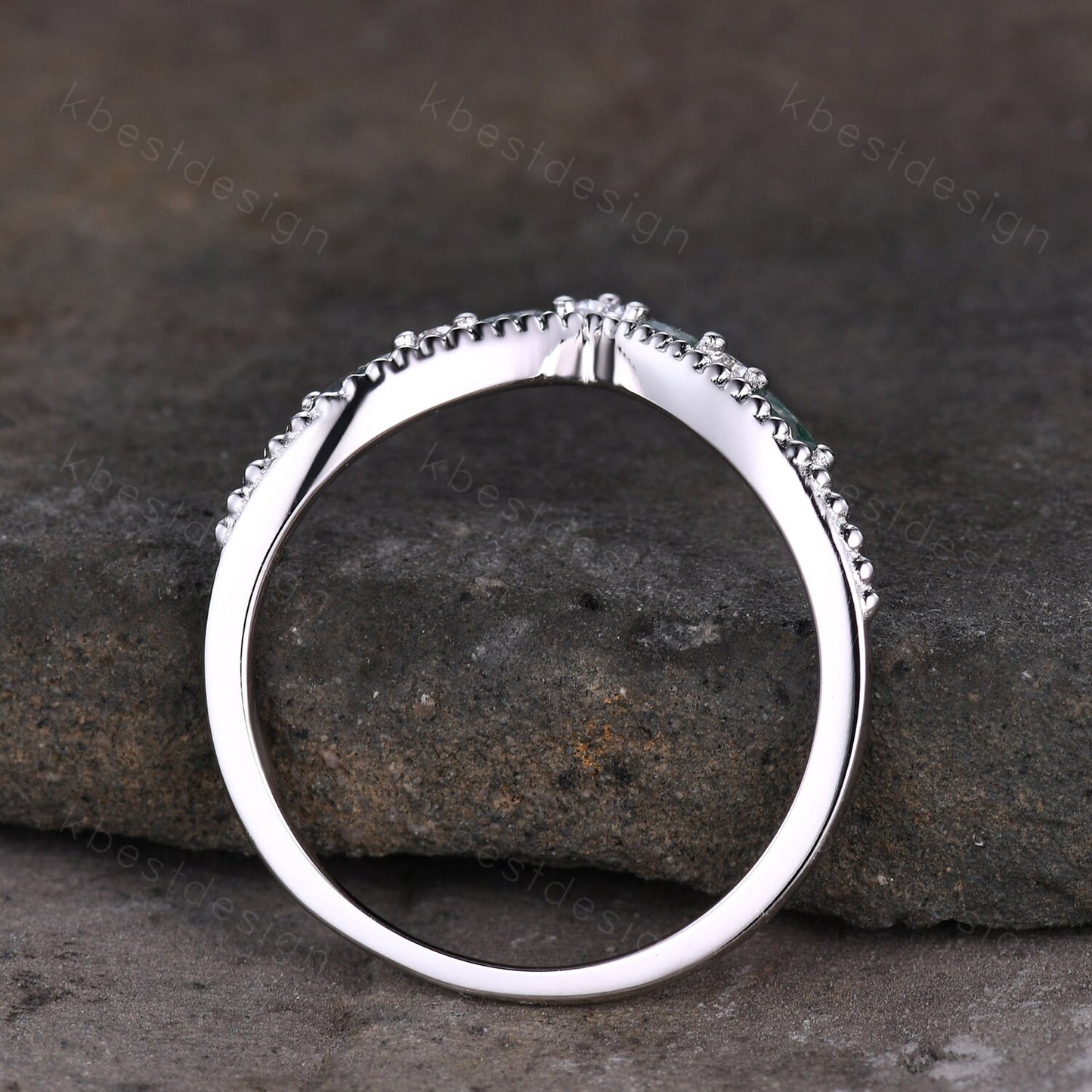 Curved Moss Agate wedding band sterling silver wedding band Unique art deco moissanite stacking band Anniversary ring Women gift