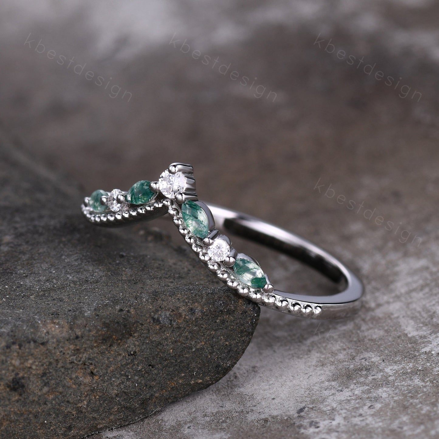 Curved Moss Agate wedding band sterling silver wedding band Unique art deco moissanite stacking band Anniversary ring Women gift