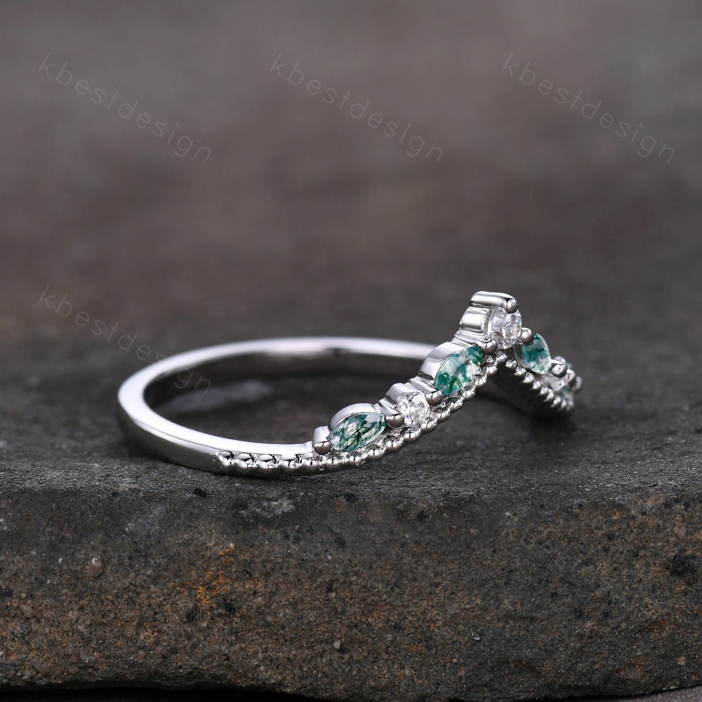 Curved Moss Agate wedding band sterling silver wedding band Unique art deco moissanite stacking band Anniversary ring Women gift
