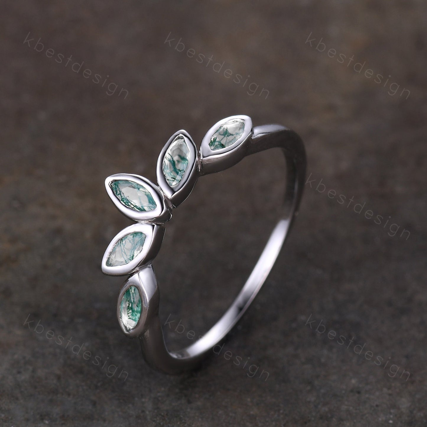 Unique marquise cut Moss Agate wedding band vintage White gold wedding band bezel set band Unique Bridal Stacking Promise gift for women