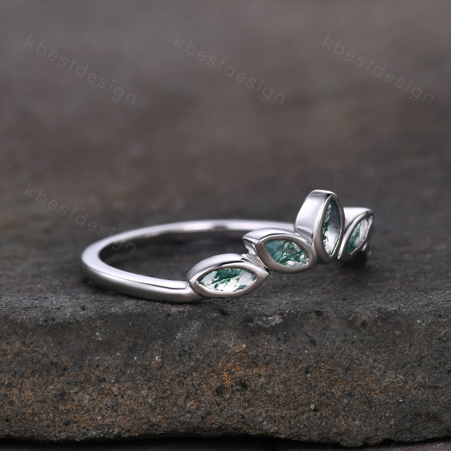 Unique marquise cut Moss Agate wedding band vintage White gold wedding band bezel set band Unique Bridal Stacking Promise gift for women