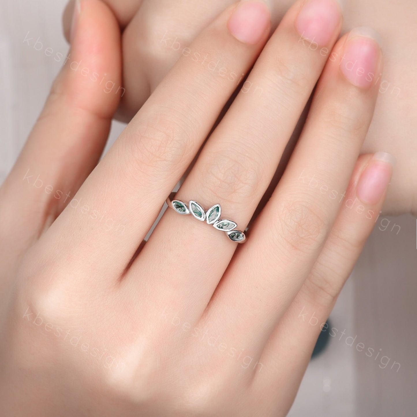 Unique marquise cut Moss Agate wedding band vintage White gold wedding band bezel set band Unique Bridal Stacking Promise gift for women