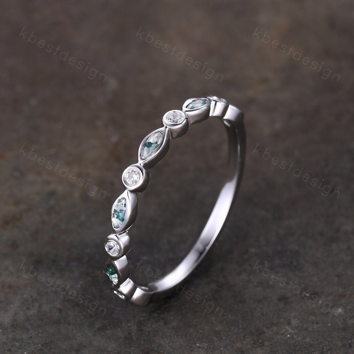 Half Eternity Moss Agate Wedding Band White Gold Ring for Women Unique Marquise cut Moss Agate Moissanite Wedding Ring Stacking Band Gift