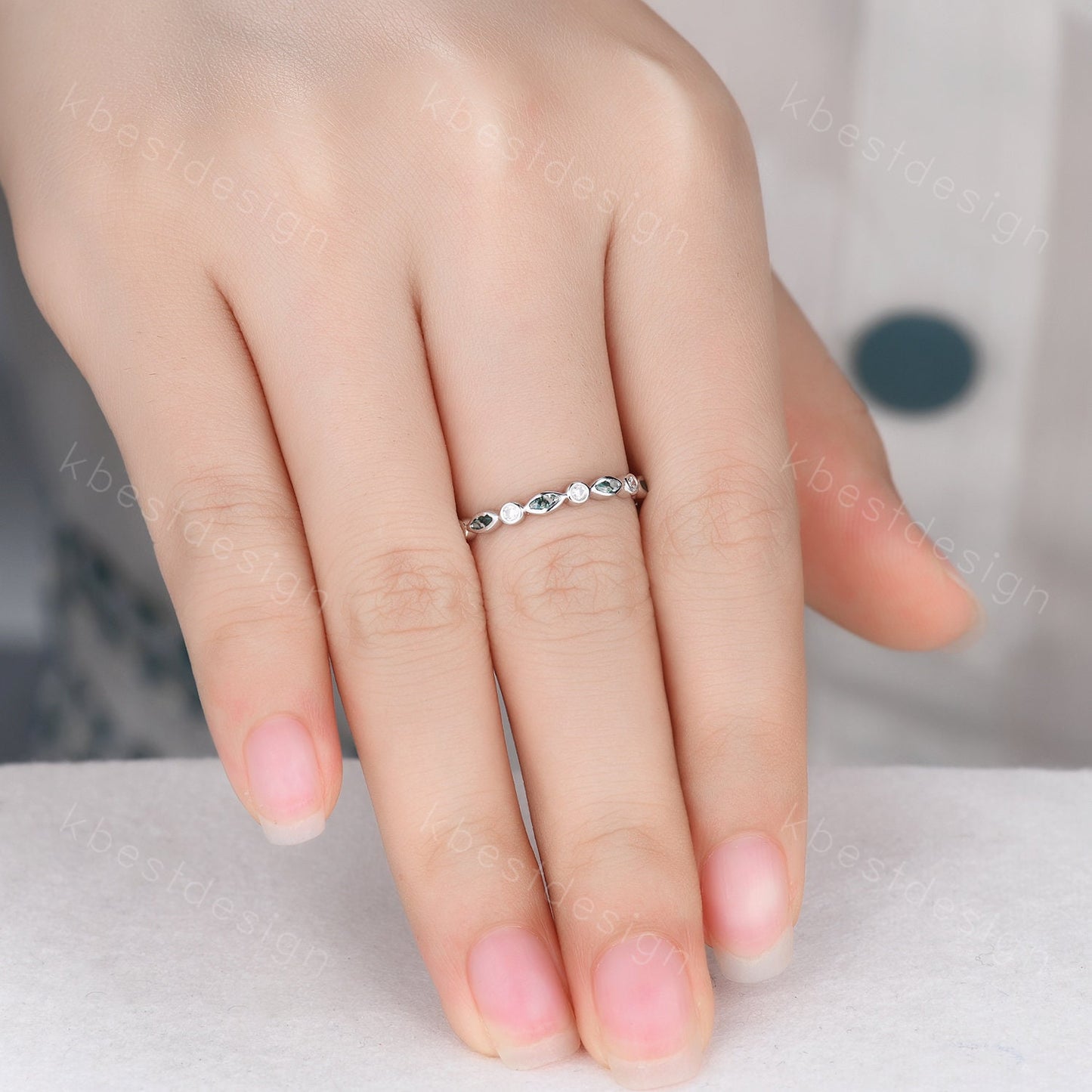 Half Eternity Moss Agate Wedding Band White Gold Ring for Women Unique Marquise cut Moss Agate Moissanite Wedding Ring Stacking Band Gift