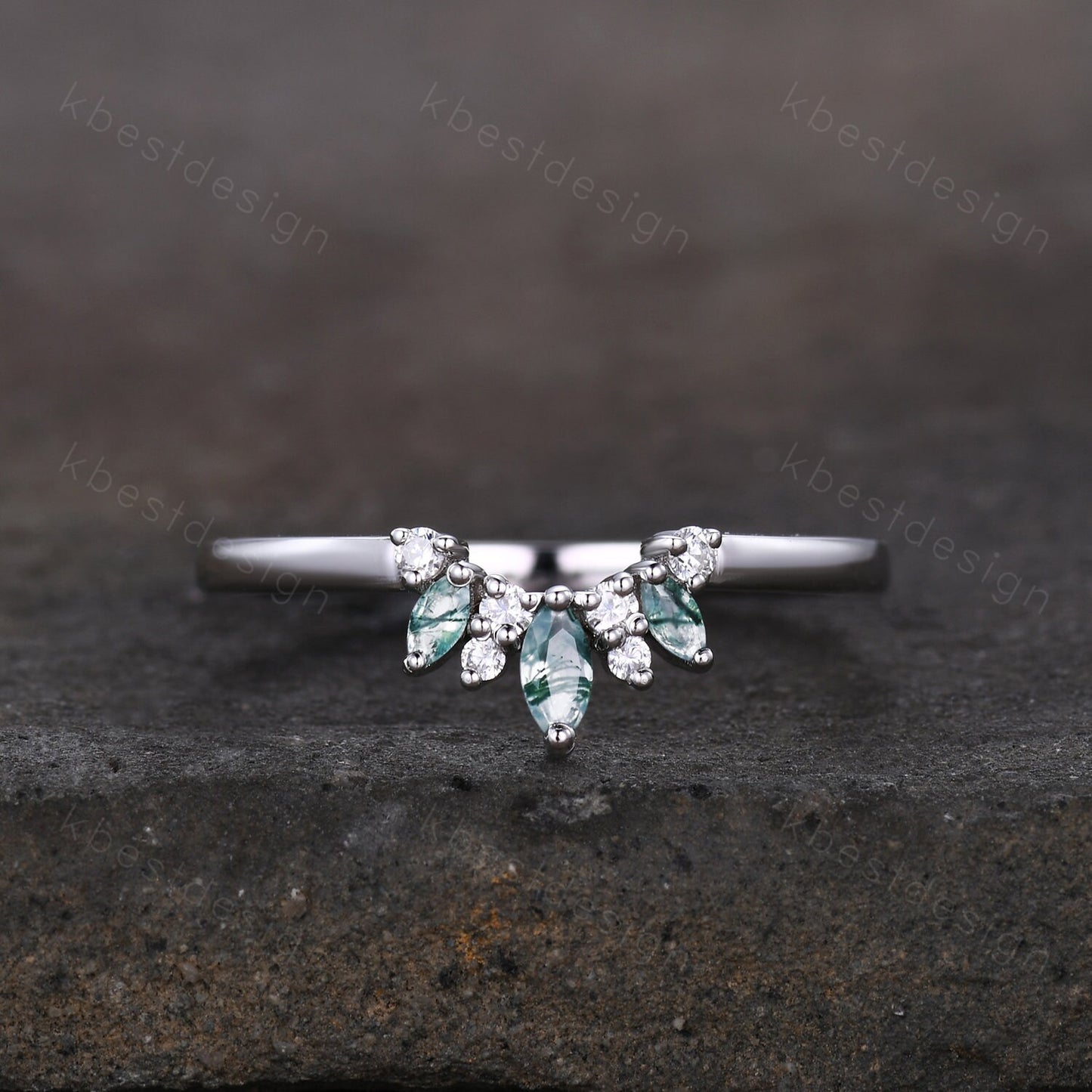 Curved wedding band Marquise cut moss agate White gold ring Moissanite Chevron Band Unique Bridal Wedding Ring Stacking Matching band