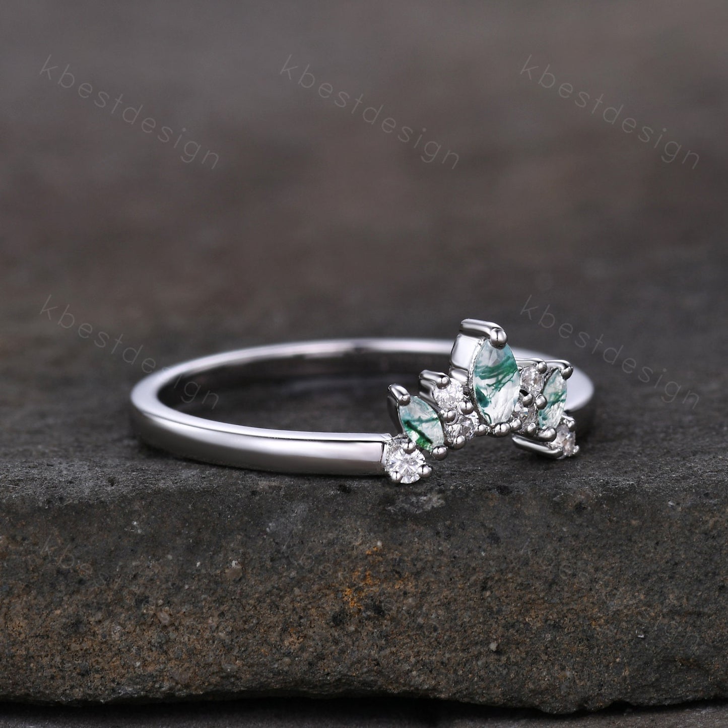 Curved wedding band Marquise cut moss agate White gold ring Moissanite Chevron Band Unique Bridal Wedding Ring Stacking Matching band
