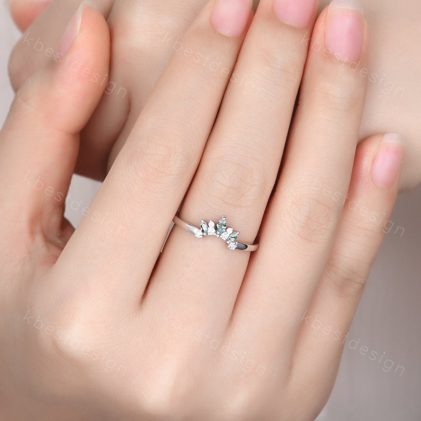 Curved wedding band Marquise cut moss agate White gold ring Moissanite Chevron Band Unique Bridal Wedding Ring Stacking Matching band