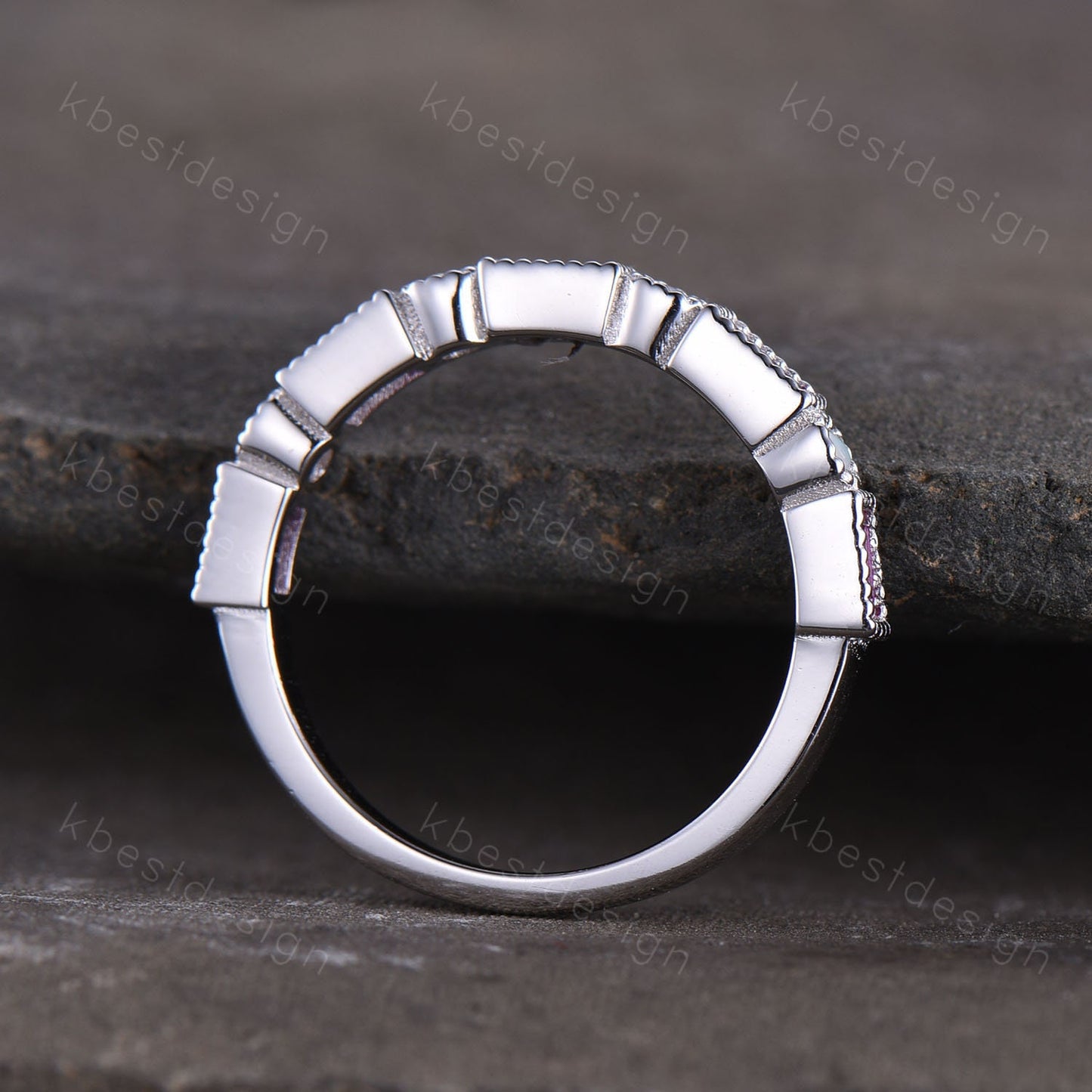 Ruby Opal Wedding Band Half Eternity Baguette Band Art Deco Stacking Wedding Ring Anniversary Ring Sterling Silver Ring July Birthstone Ring