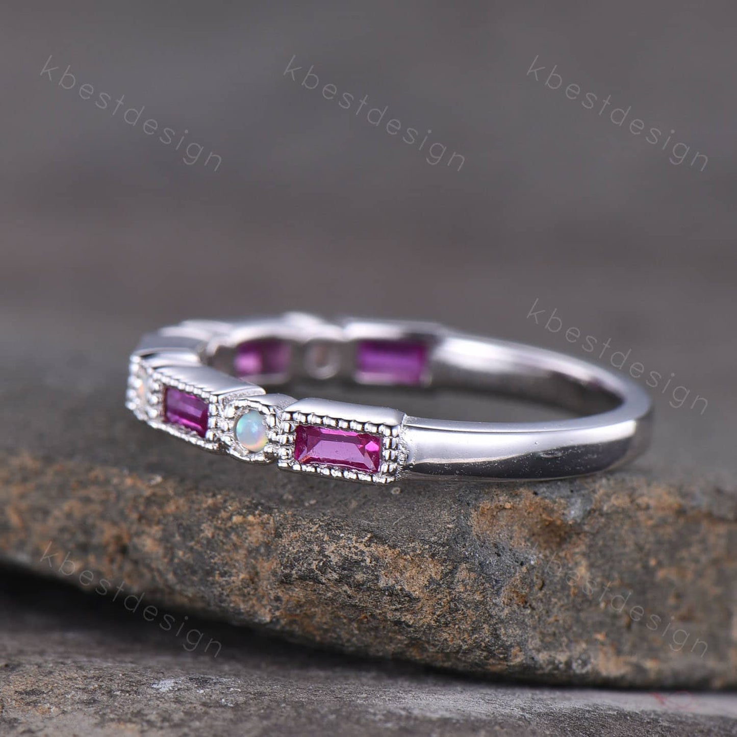 Ruby Opal Wedding Band Half Eternity Baguette Band Art Deco Stacking Wedding Ring Anniversary Ring Sterling Silver Ring July Birthstone Ring
