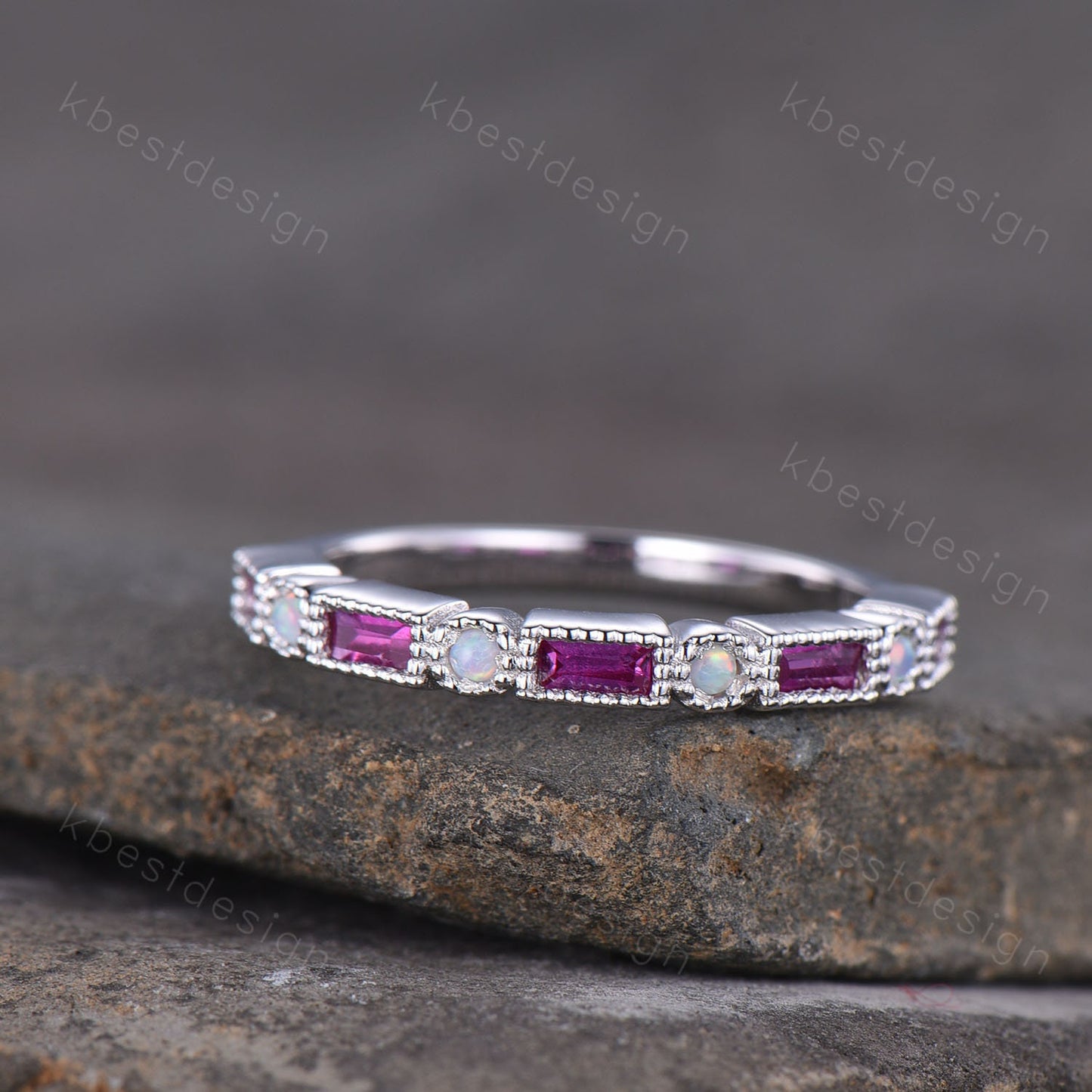 Ruby Opal Wedding Band Half Eternity Baguette Band Art Deco Stacking Wedding Ring Anniversary Ring Sterling Silver Ring July Birthstone Ring