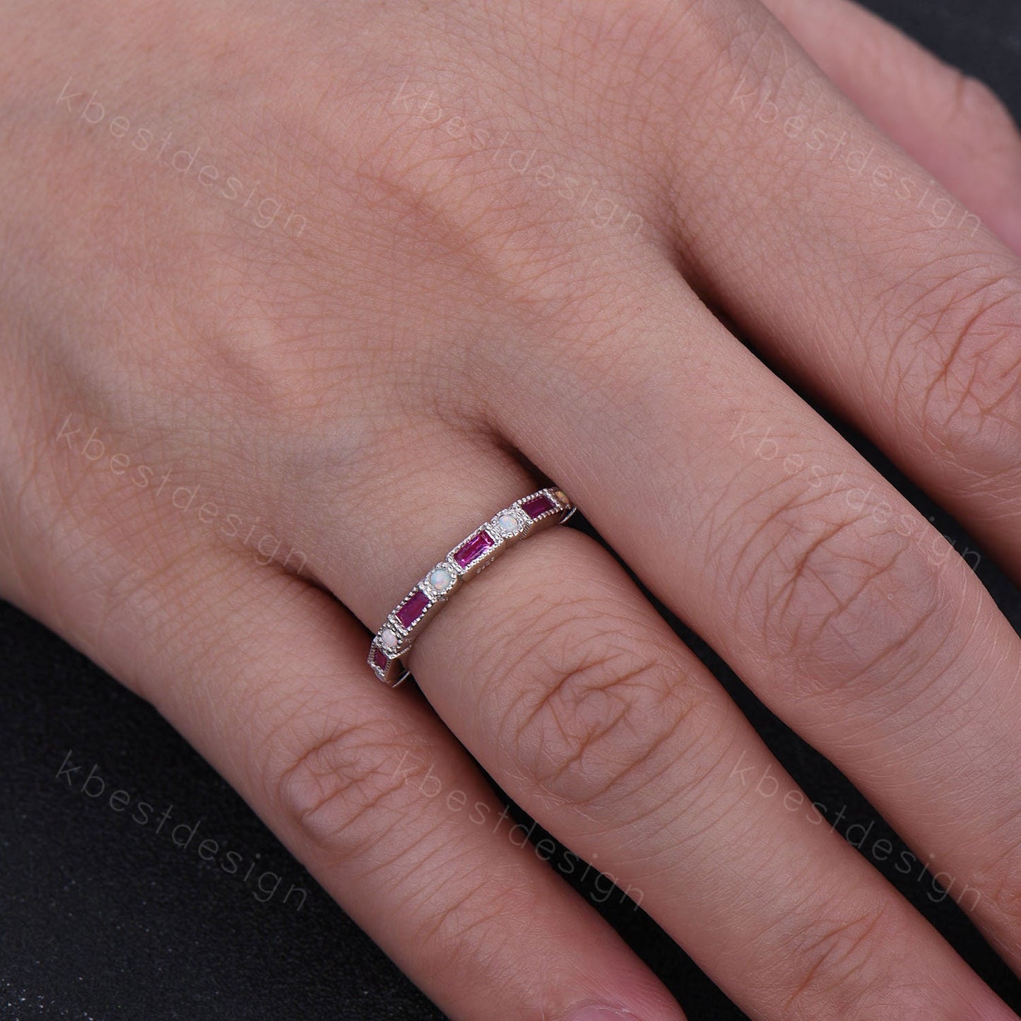 Eternity Ruby Opal Wedding Band, Baguette Ruby Wedding Band, Art Deco Stacking Matching Ring, Anniversary Ring, July Birthstone Ring