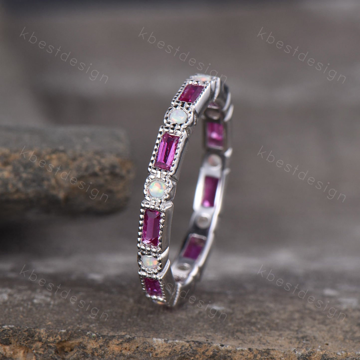 Eternity Ruby Opal Wedding Band, Baguette Ruby Wedding Band, Art Deco Stacking Matching Ring, Anniversary Ring, July Birthstone Ring