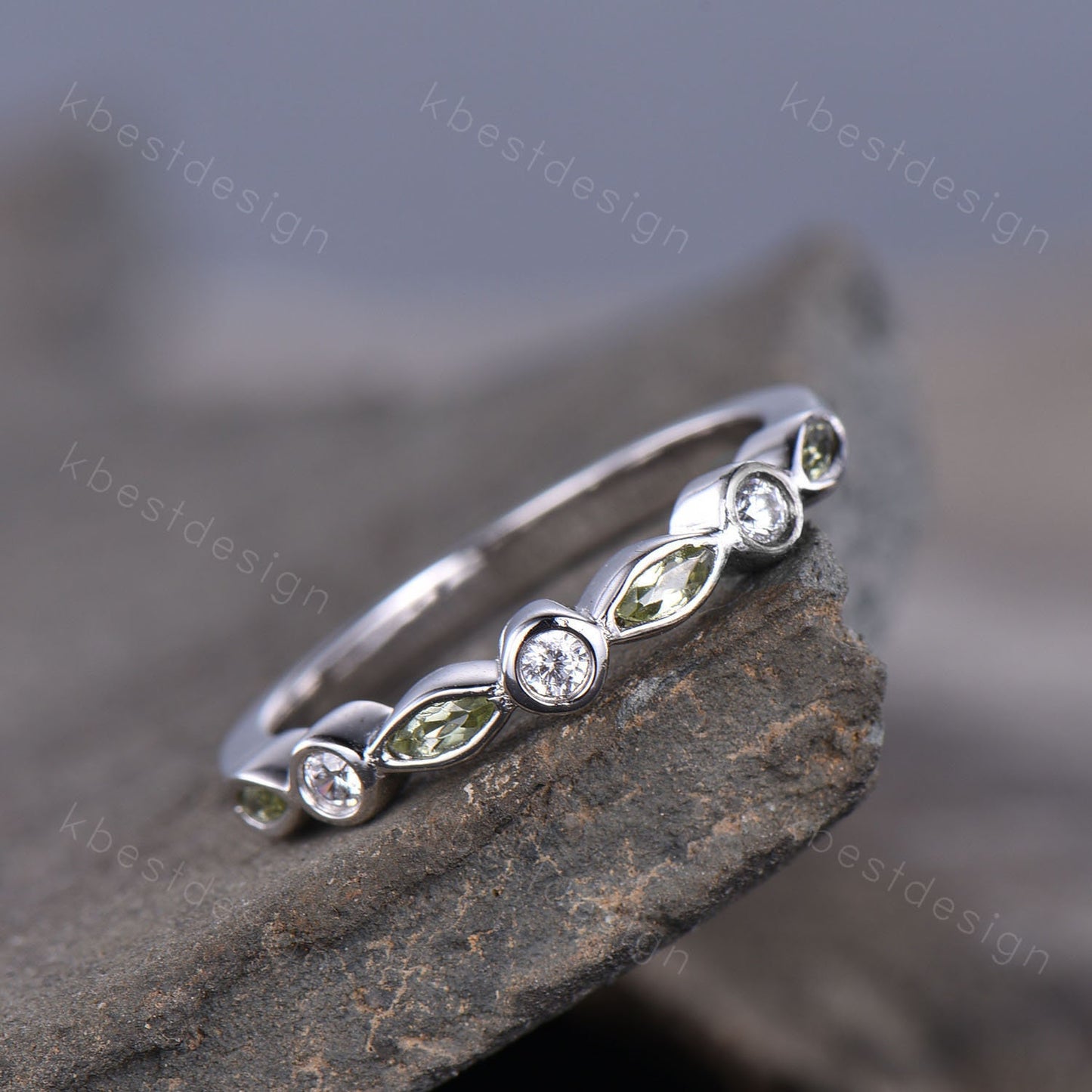 Half Eternity Peridot Wedding Band, White Gold Ring, Marquise cut Peridot Wedding Ring, Moissanite Wedding Band, Anniversary Gift for her