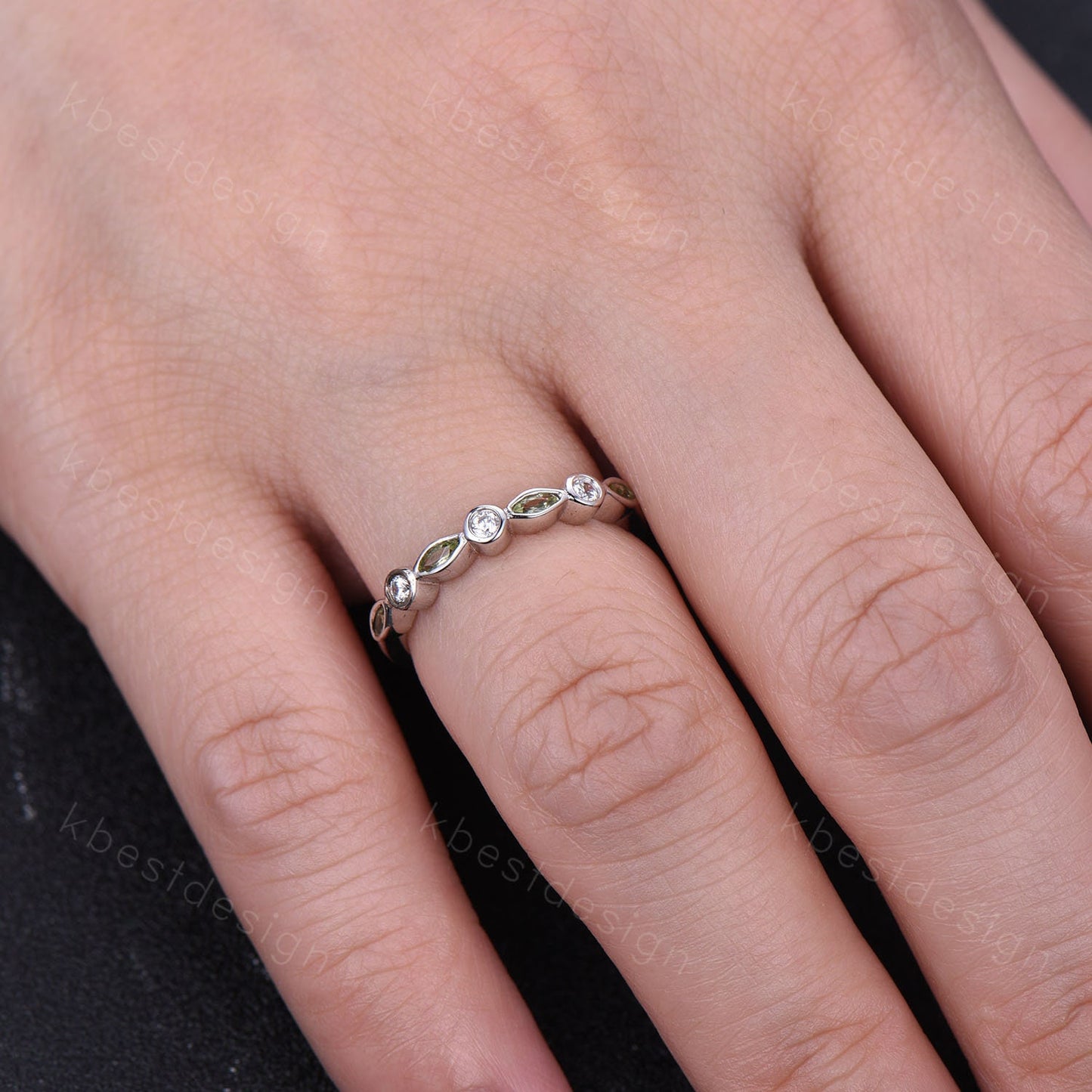 Half Eternity Peridot Wedding Band, White Gold Ring, Marquise cut Peridot Wedding Ring, Moissanite Wedding Band, Anniversary Gift for her