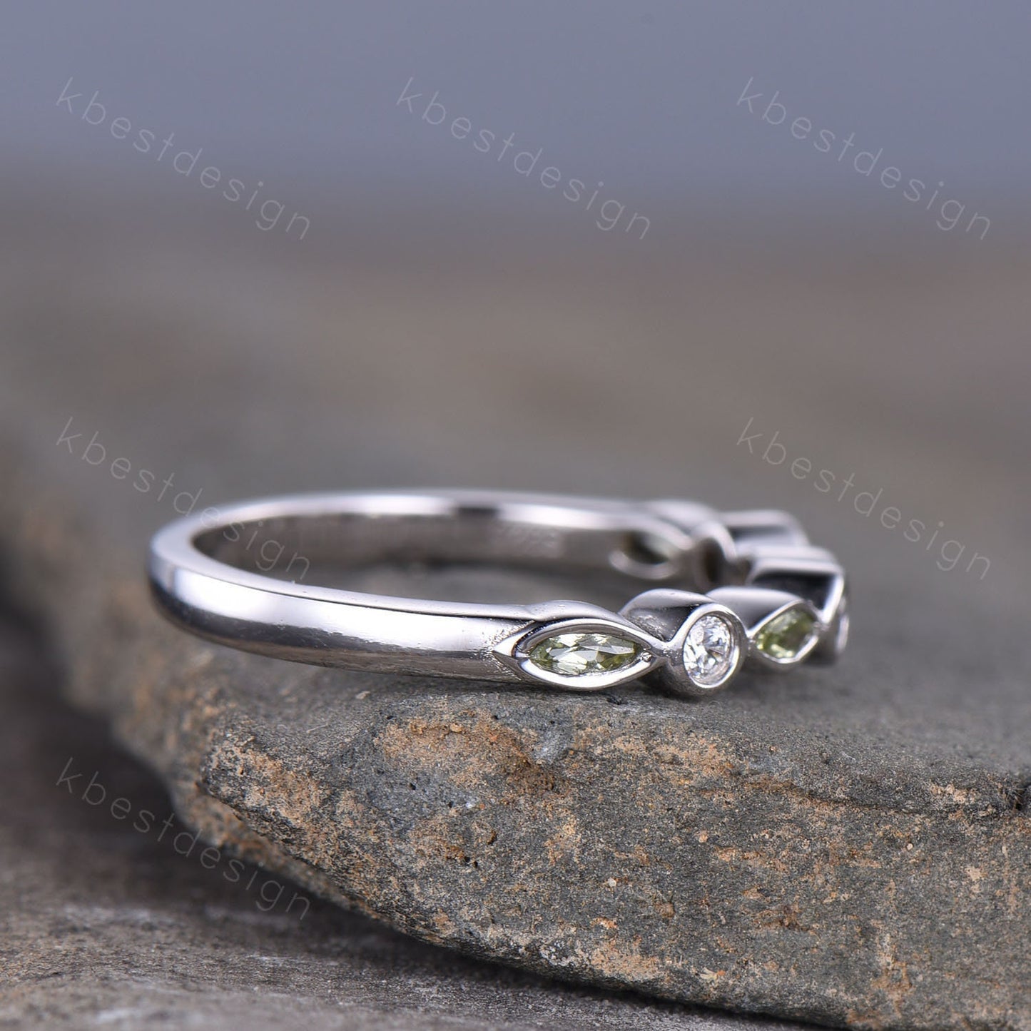 Half Eternity Peridot Wedding Band, White Gold Ring, Marquise cut Peridot Wedding Ring, Moissanite Wedding Band, Anniversary Gift for her