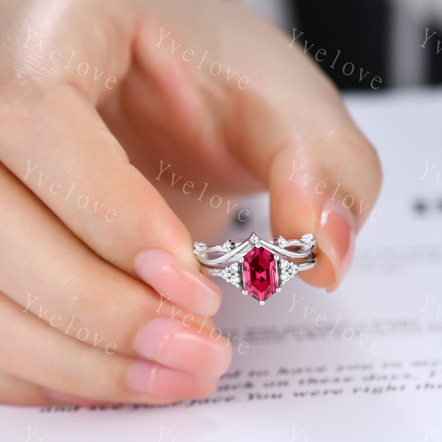 Retro hexagon Red Ruby Ring,Vintage Sterling Silver Ring,Unique Ruby Engagement Ring,Promise Ring,Anniversary Ring Bridal Ring Gift For Her