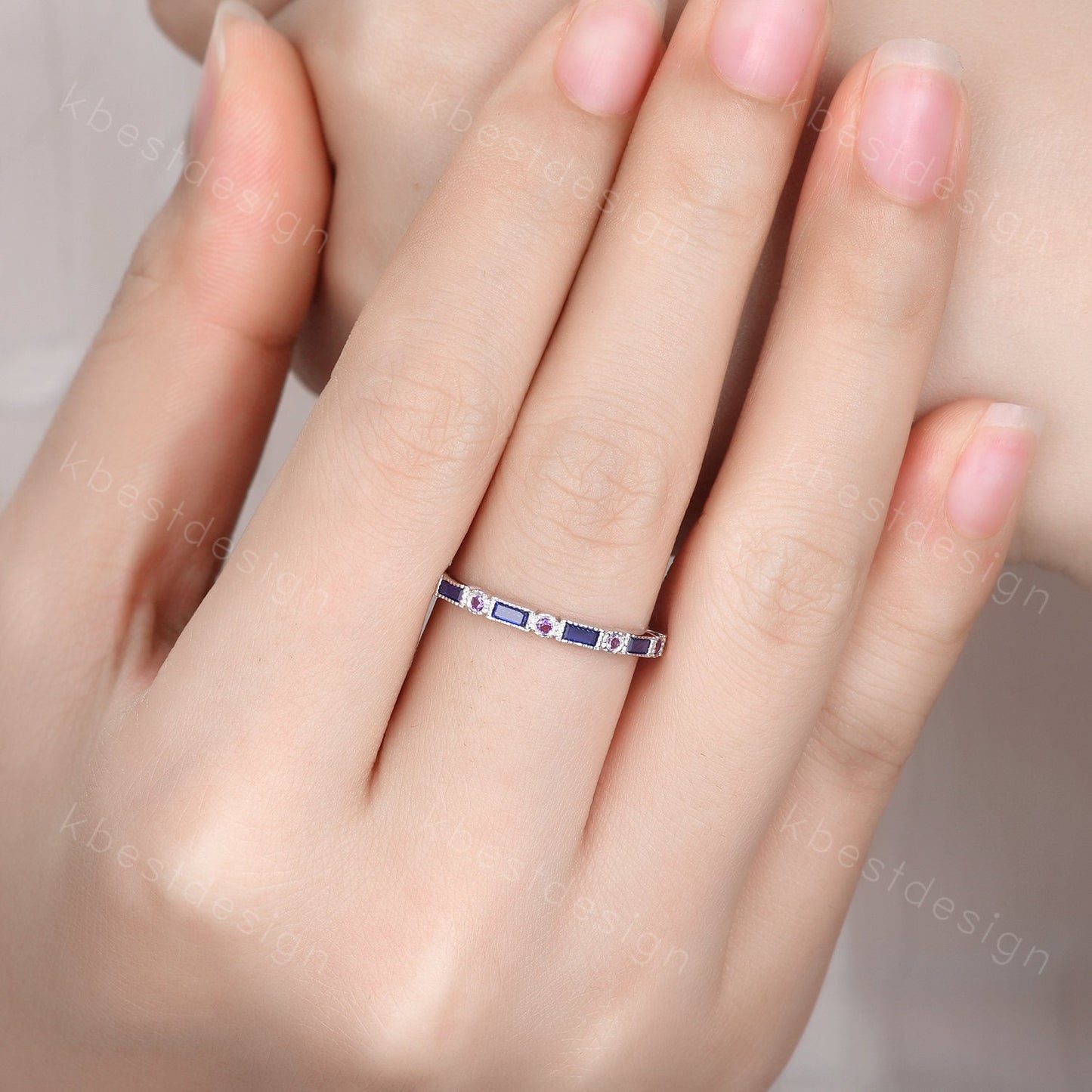 Half Eternity Sapphire Ring Baguette Sapphire and Amethyst Wedding Band Silver Ring Art Deco Vintage Wedding Bridal Anniversary Ring