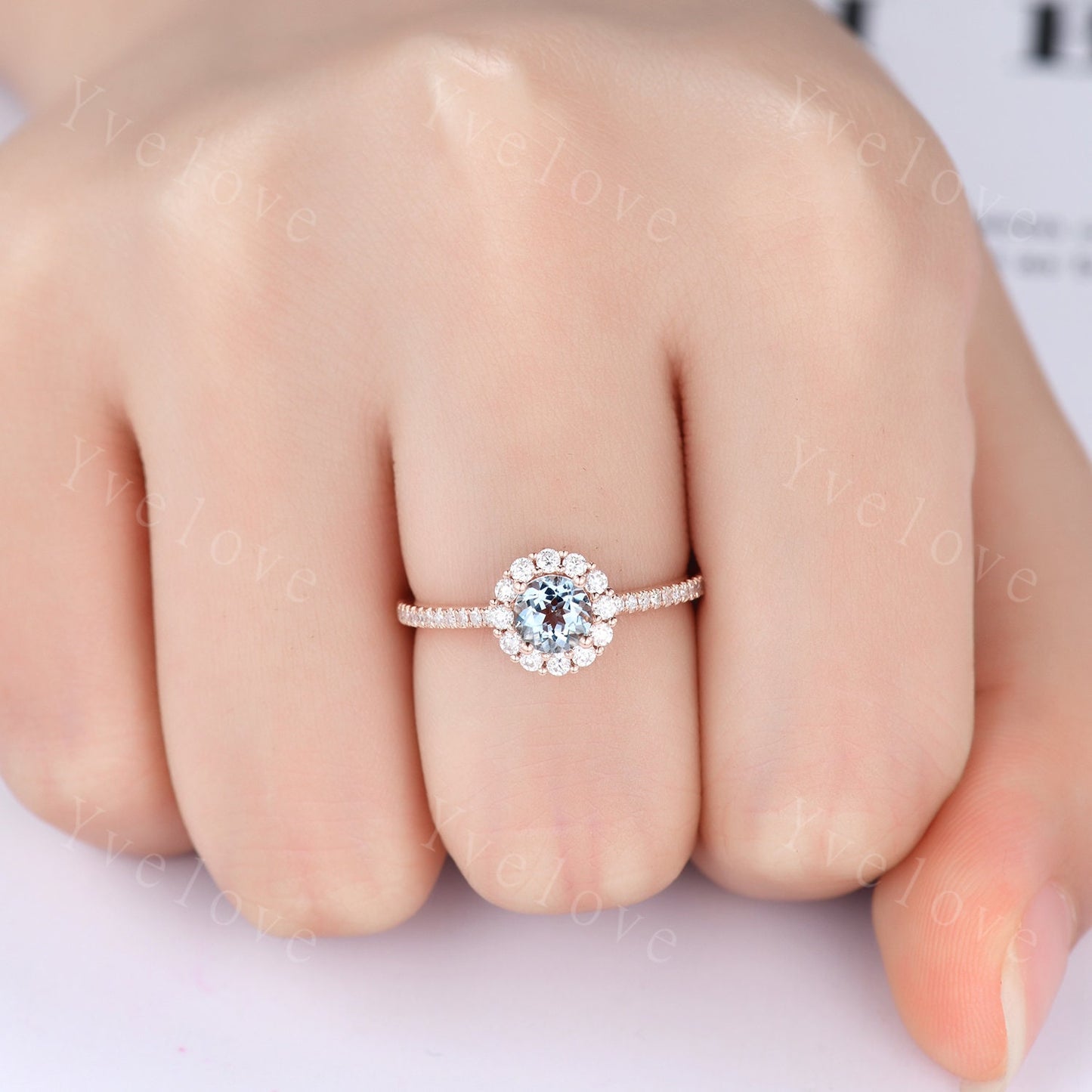 Aquamarine engagement ring 5mm round aquamarine ring floral moissanite halo half eternity diamond band anniversary ring solid 14k rose gold