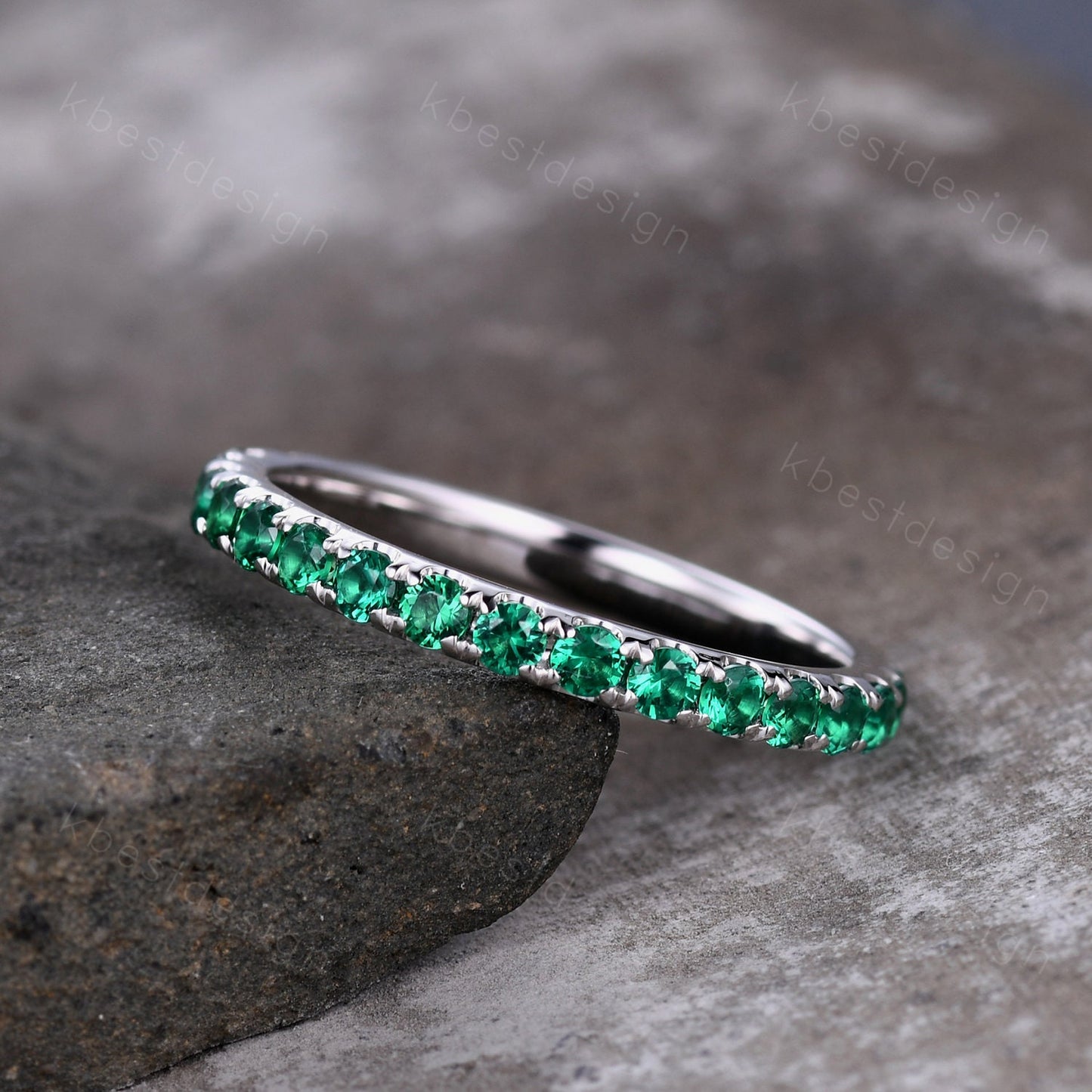 2mm Round Cut Emerald Wedding Band Eternity Band Pave Stackable Band Minimalist Emerald Band May Birthstone Ring Anniversary Gift