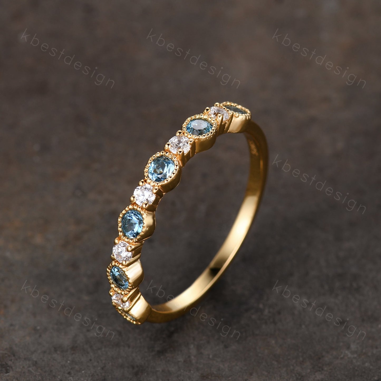Half Eternity Blue Topaz Wedding Band Women Yellow Gold Band Art Deco Blue Topaz and Moissanite Wedding Band Unique Anniversary Ring