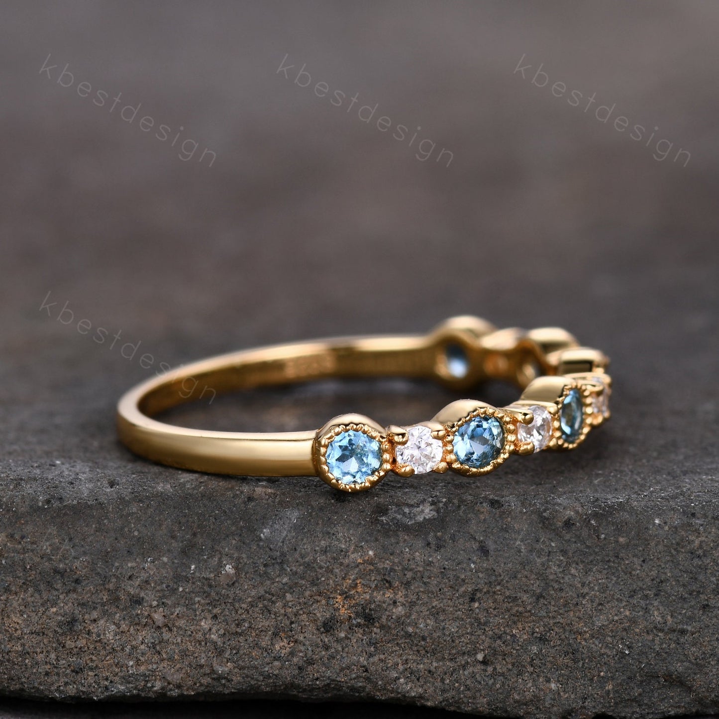 Half Eternity Blue Topaz Wedding Band Women Yellow Gold Band Art Deco Blue Topaz and Moissanite Wedding Band Unique Anniversary Ring