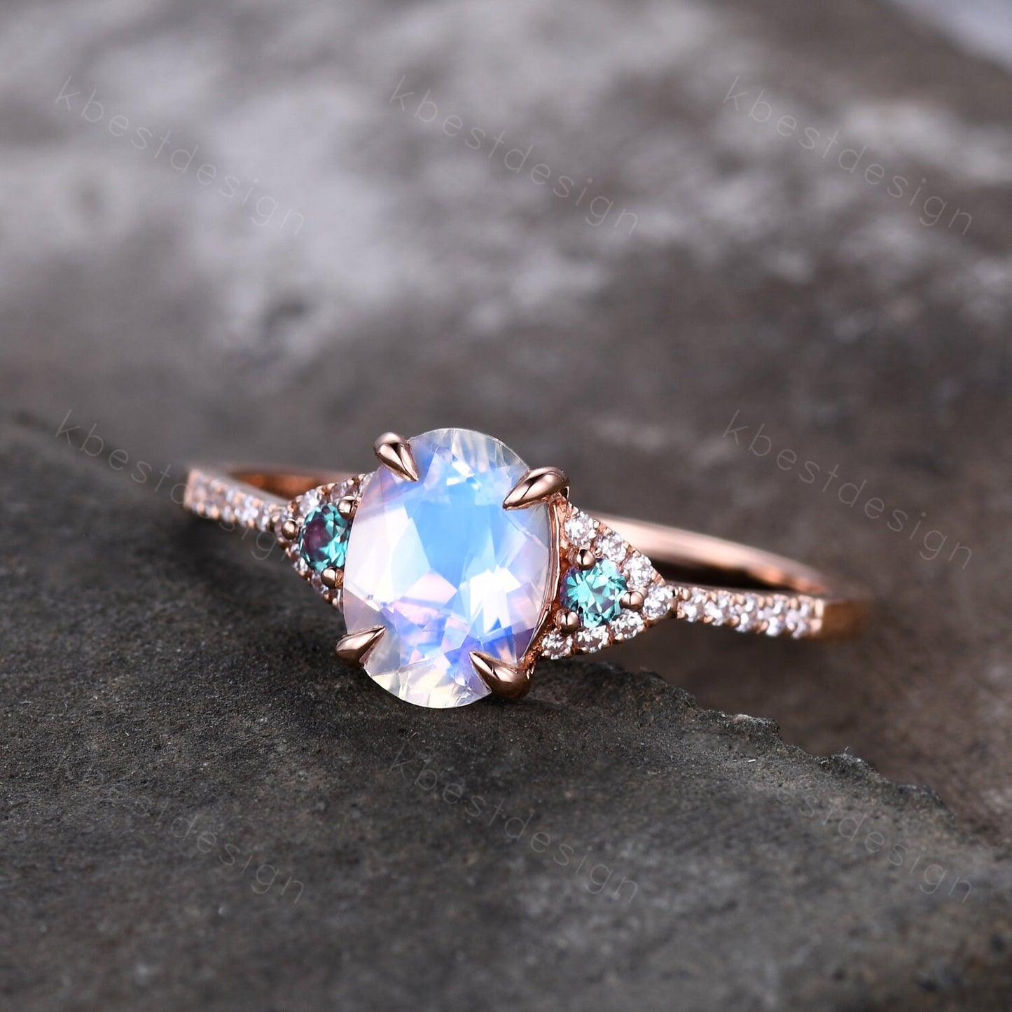Rainbow Moonstone Engagement Ring Rose Gold Oval Moonstone Ring Unique Three Stone Alexandrite Ring June Birthstone Ring Promise Ring