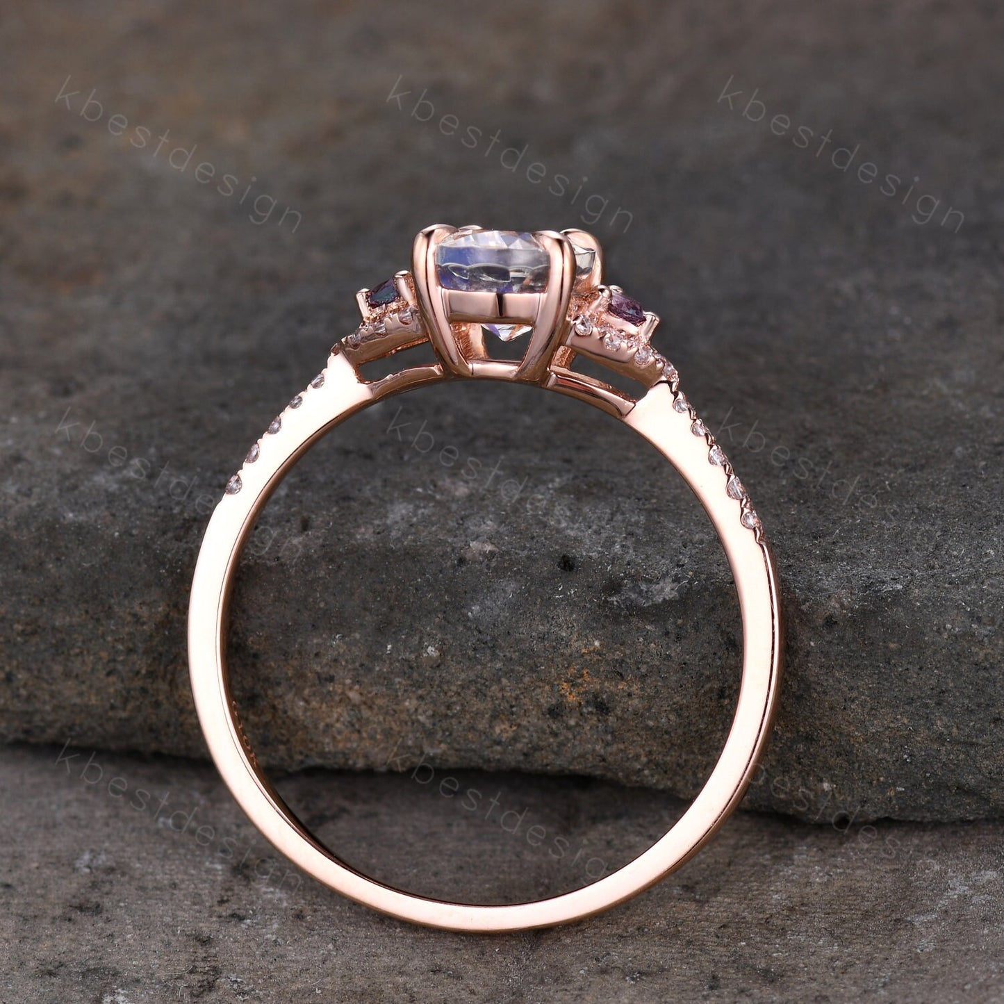 Rainbow Moonstone Engagement Ring Rose Gold Oval Moonstone Ring Unique Three Stone Alexandrite Ring June Birthstone Ring Promise Ring