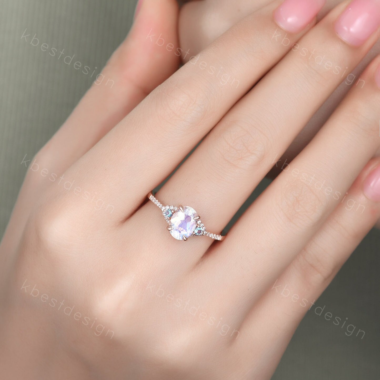 Rainbow Moonstone Engagement Ring Rose Gold Oval Moonstone Ring Unique Three Stone Alexandrite Ring June Birthstone Ring Promise Ring