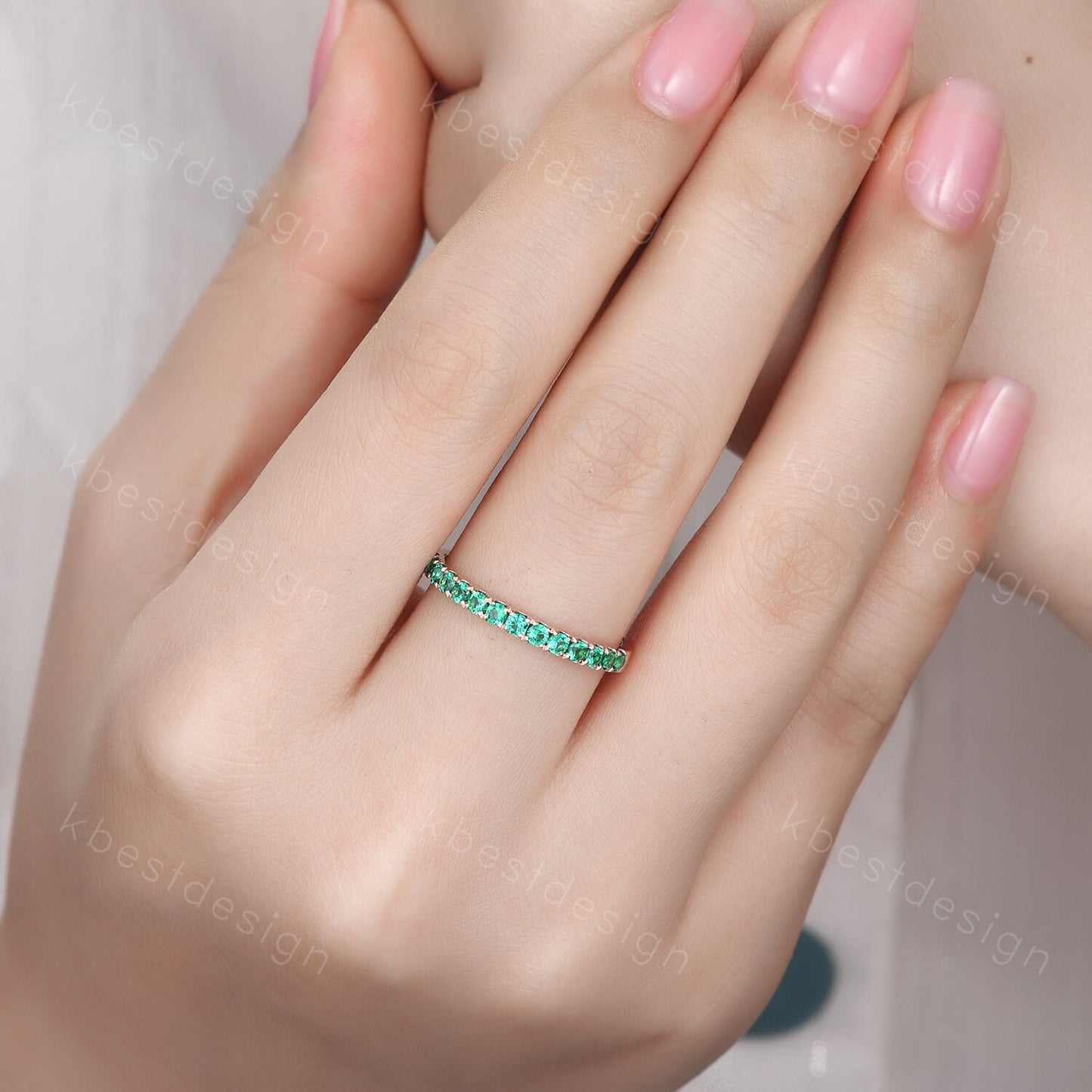 Half Eternity Emerald Wedding Band Rose Gold Band for Women 2mm Emerald Stacking Band May Birthstone Ring Anniversary Ring Promise Gift