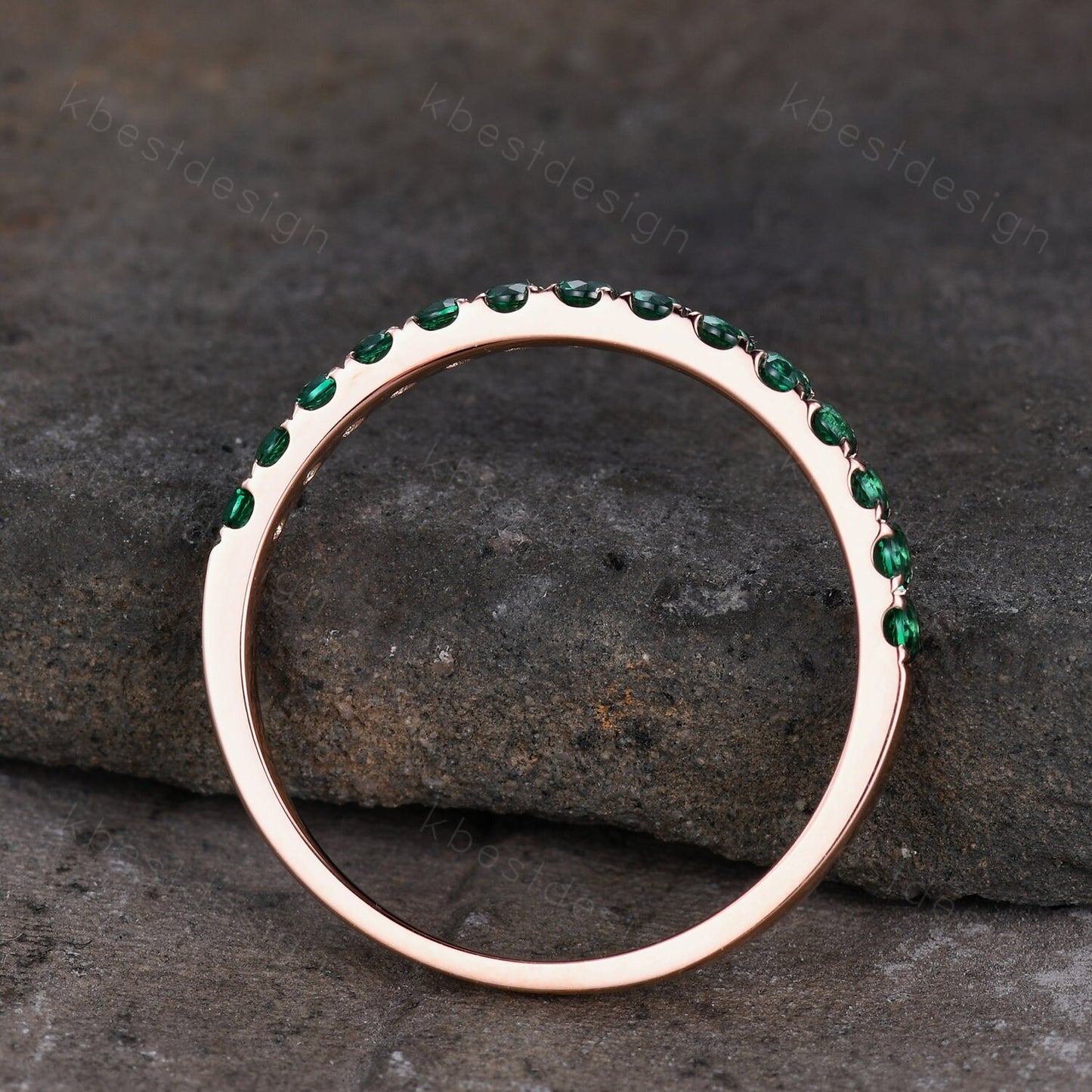 Half Eternity Emerald Wedding Band Rose Gold Band for Women 2mm Emerald Stacking Band May Birthstone Ring Anniversary Ring Promise Gift